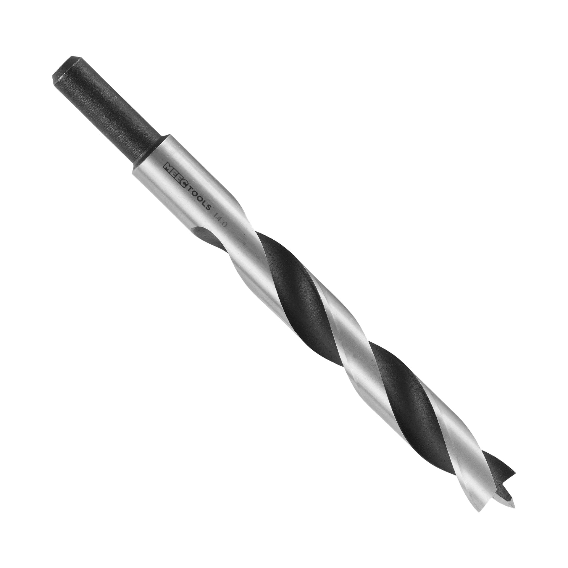 Wiertarka do drewna Meec Tools wyposażona w cylindryczny trzpień i spiralny flet do wiercenia otworów w różnych materiałach. Na górze fretu widnieje nazwa marki Meec Tools.