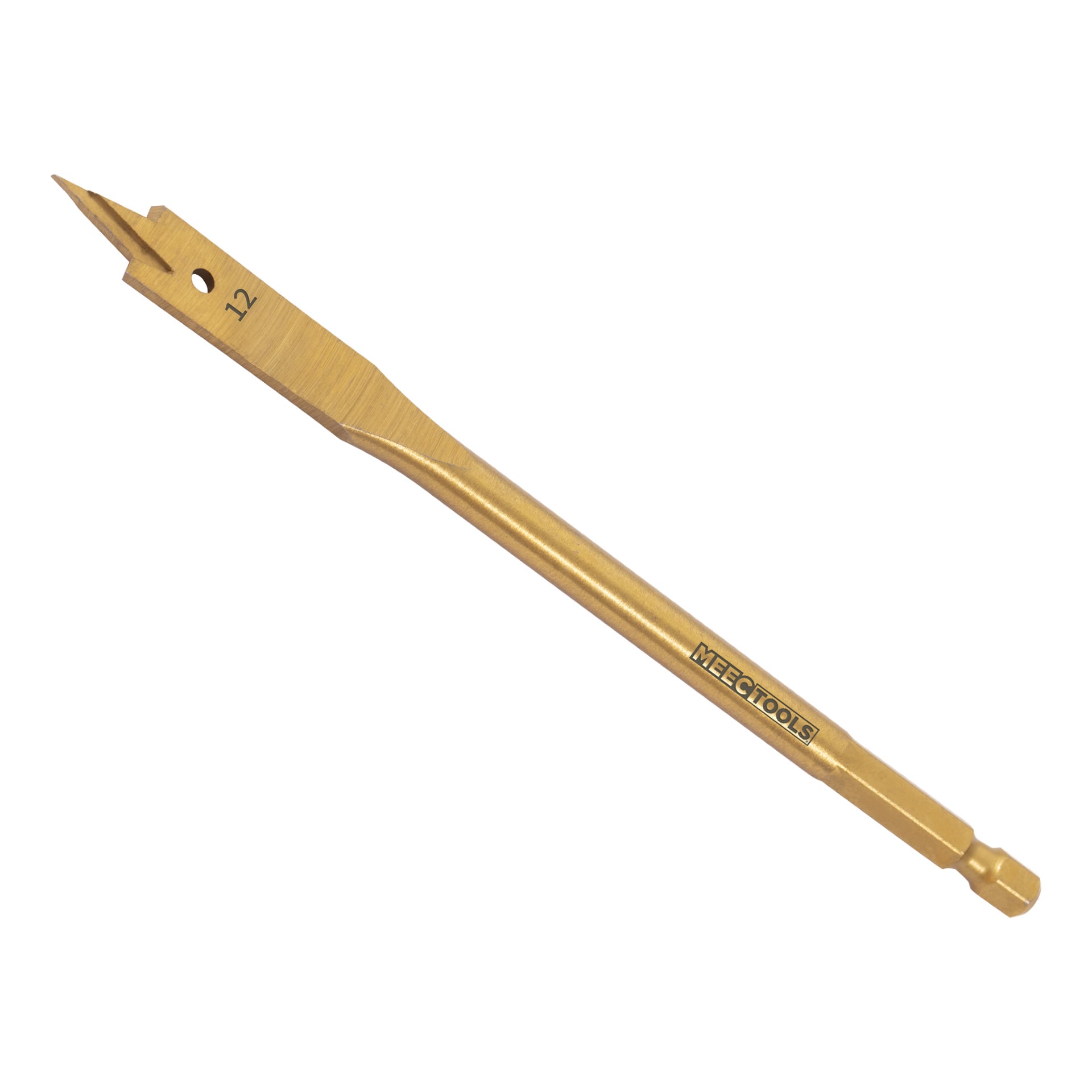 En guldborr i mitten med sexkantig skaft, med siffran 12 nära spetsen och "Meec Tools" tryckt på skaftet.