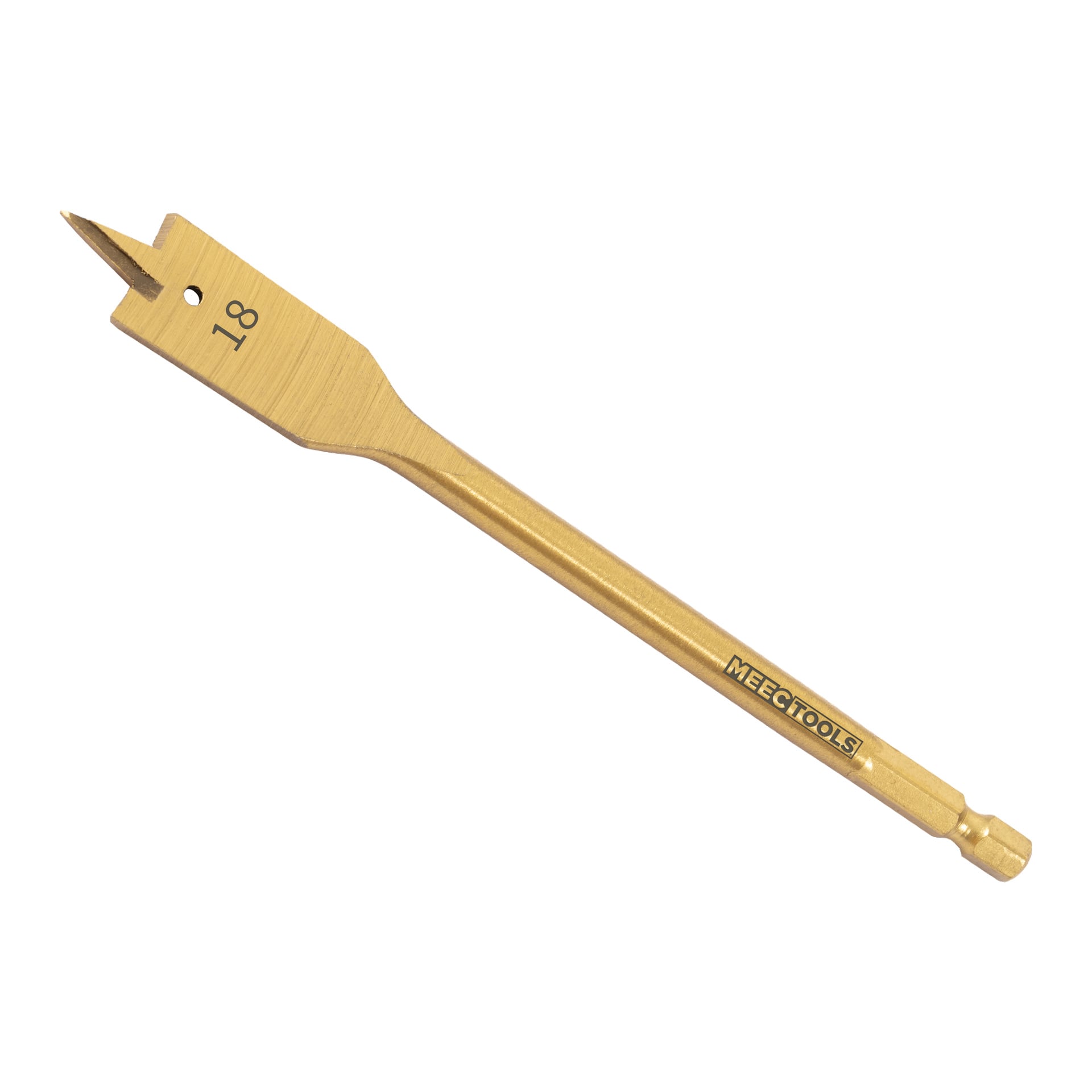 En guldfärgad centerborr med vass spets och sidosporrar, märkt med siffran 18 nära spetsen och Meec Tools-märkning på skaftet, är placerad diagonalt.