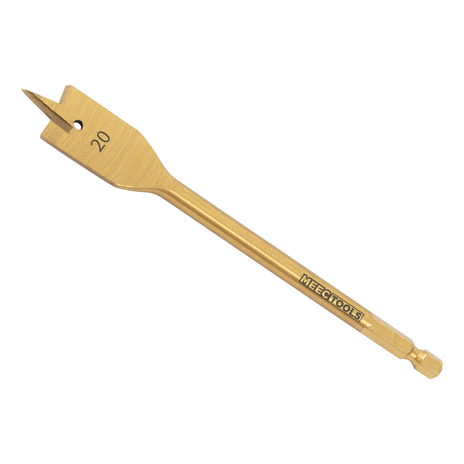En guldborr i mitten från Meec Tools med platt kropp, spetsig spets, sidoskärkanter och "20" angivet på den. Skaftet visar Meec Tools-varumärket.