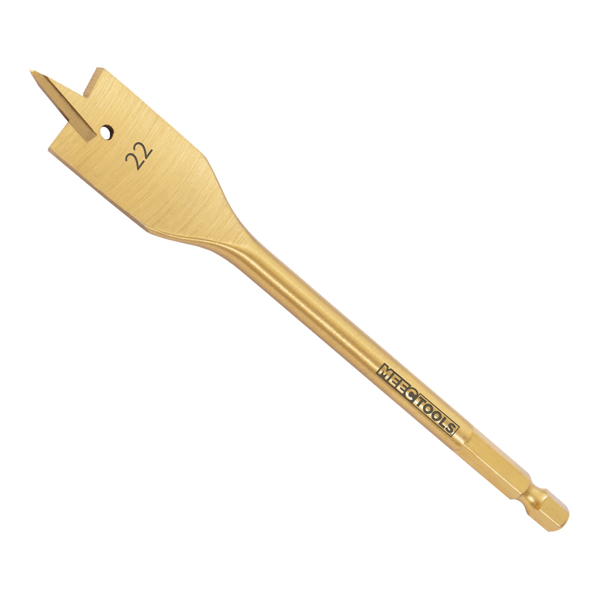 En guldborr i mitten märkt med "22" och varumärket Meec Tools på skaftet.