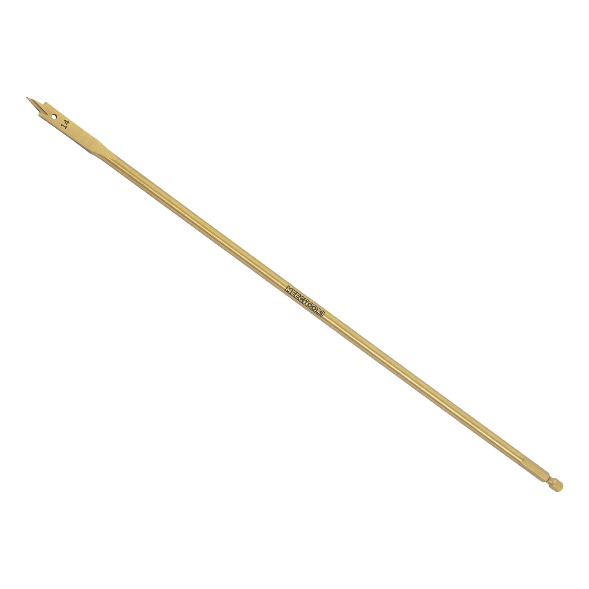 En gul träborr från Meec Tools med en metallspets som liknade en liten gaffel i ena änden och en rundad knopp på motsatt sida, med "SPEEDLOX 1/4" i svart text nära mitten.