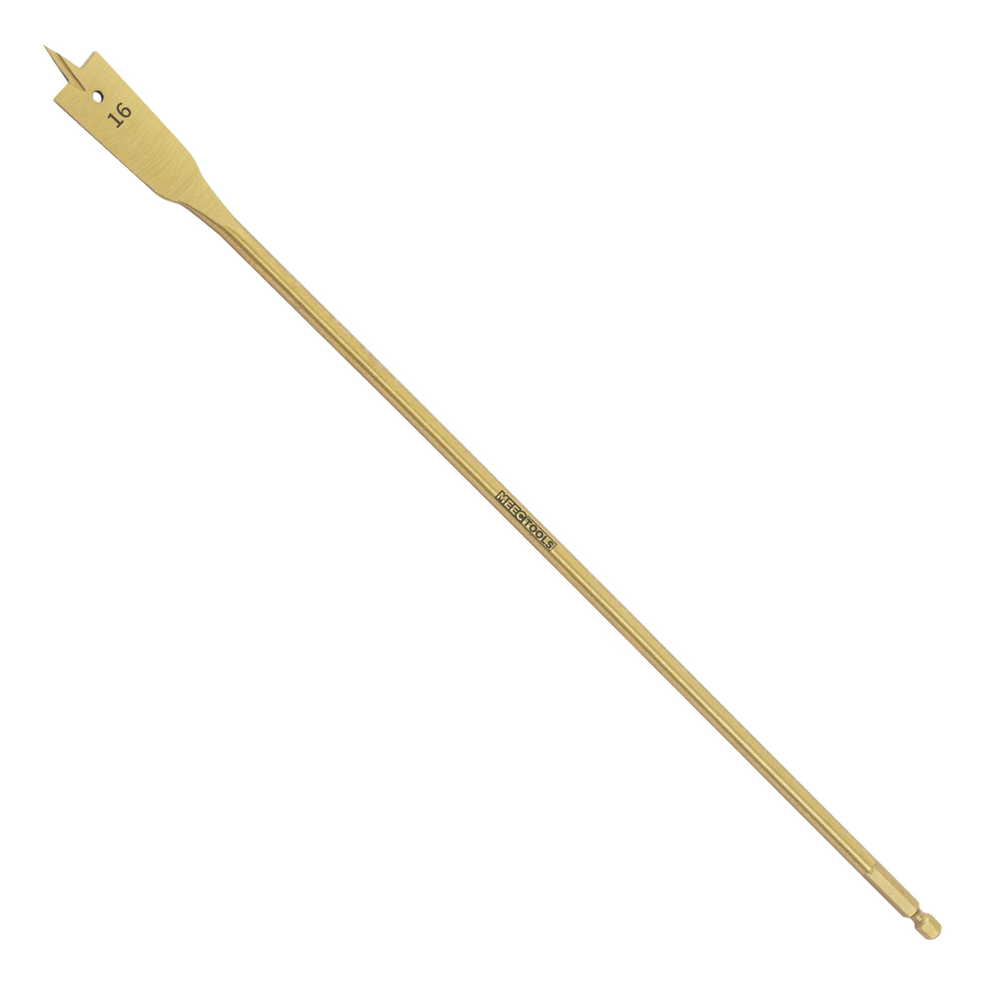 En guldfärgad borr från Meec Tools Centre märkt med nummer 16, designad med en spetsig spets och sexkantig skaft lämplig för träborrning.