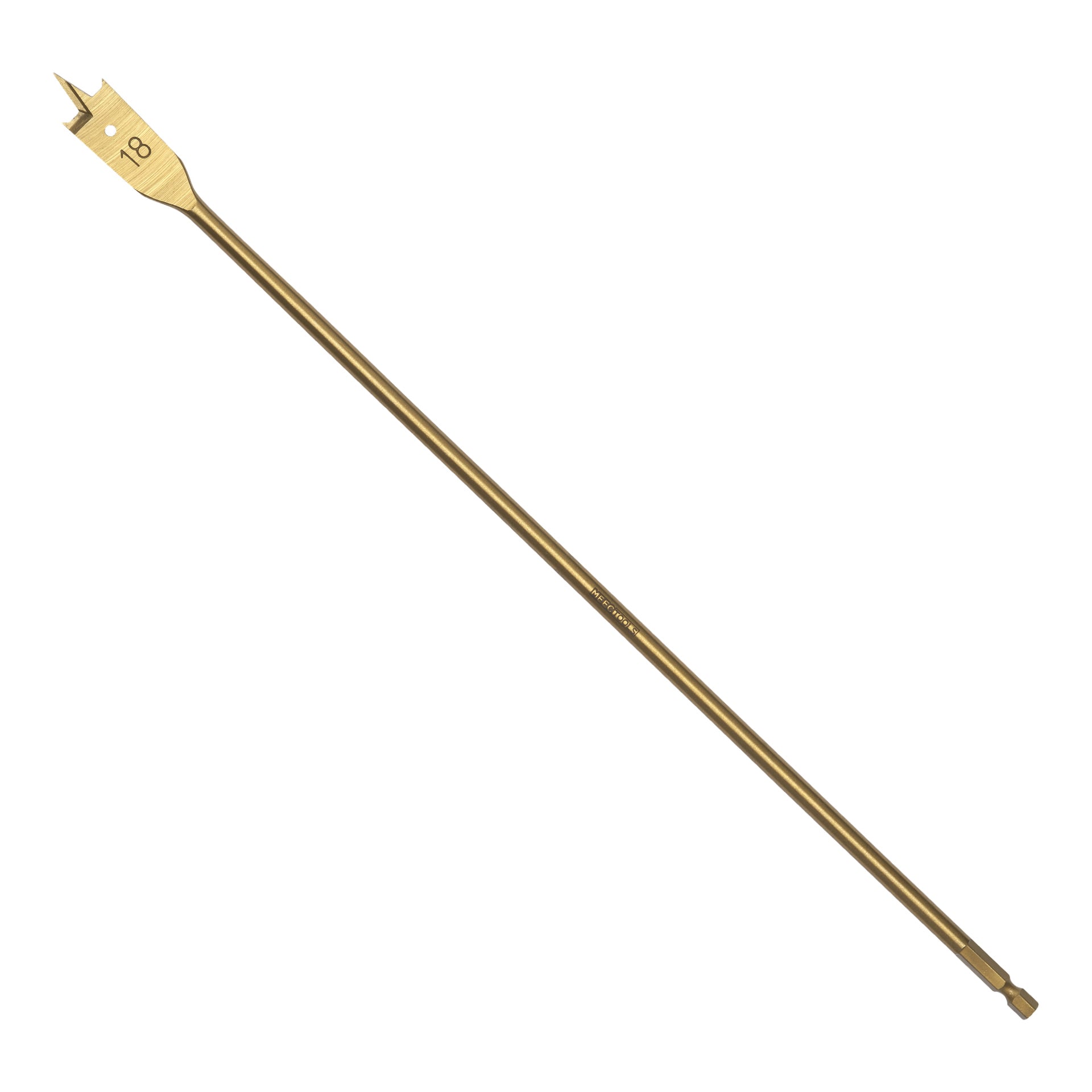 En lång, guldfärgad centerborr från Meec Tools med en platt spets stämplad 18 och en sexkantig skaft i andra änden, gjord för att borra stora hål i trä.