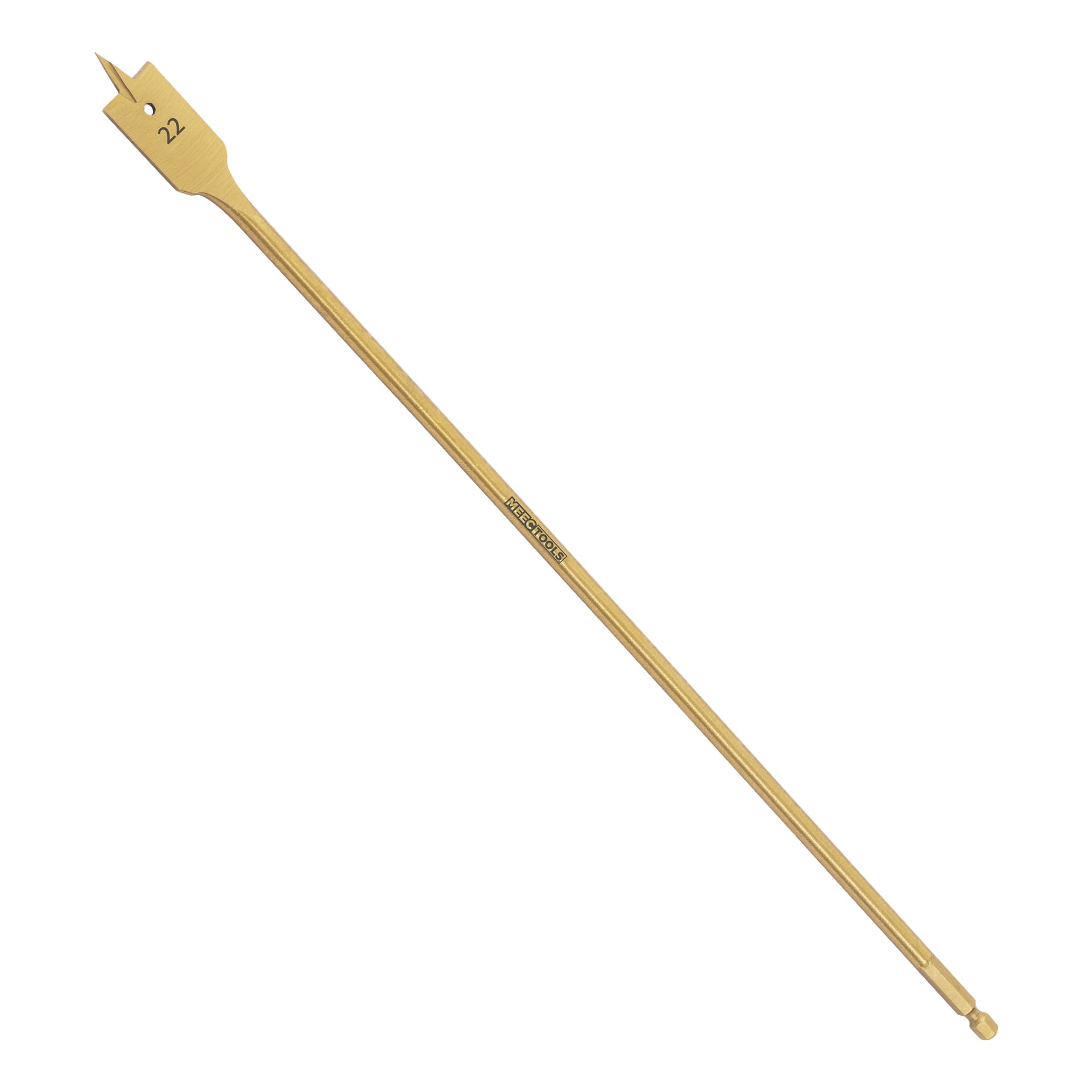 En 22 mm guldtonad centerborr från Meec Tools, med en vass spetsig spets och dubbla skäreggar. Den förlängda axeln visar Meec Tools-varumärket.