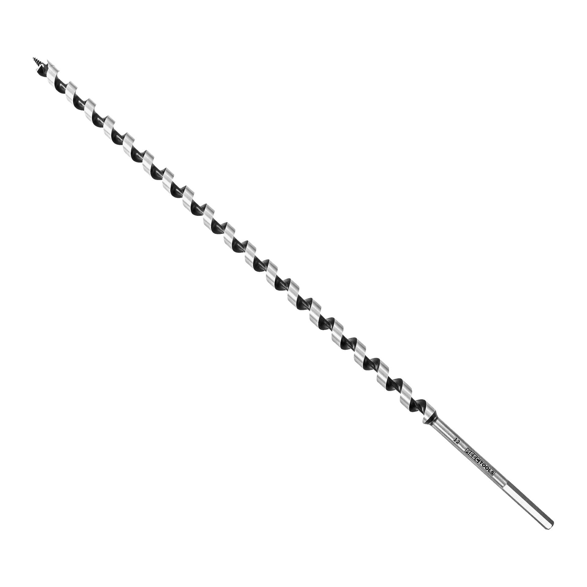 En Meec Tools Twist-borr visas, kännetecknad av sin förlängda, silver- och svarta spiralform och en skarp spetsig ände.