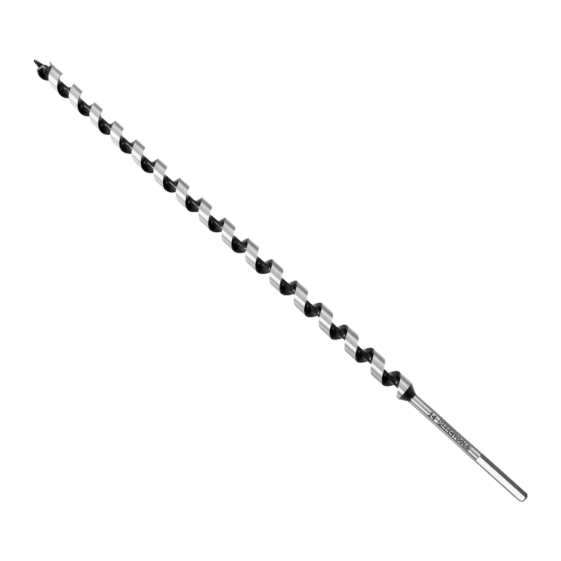 En Meec Tools Twist-borr med en lång silverfärgad, spiralformad kropp och en vass spetsig spets.