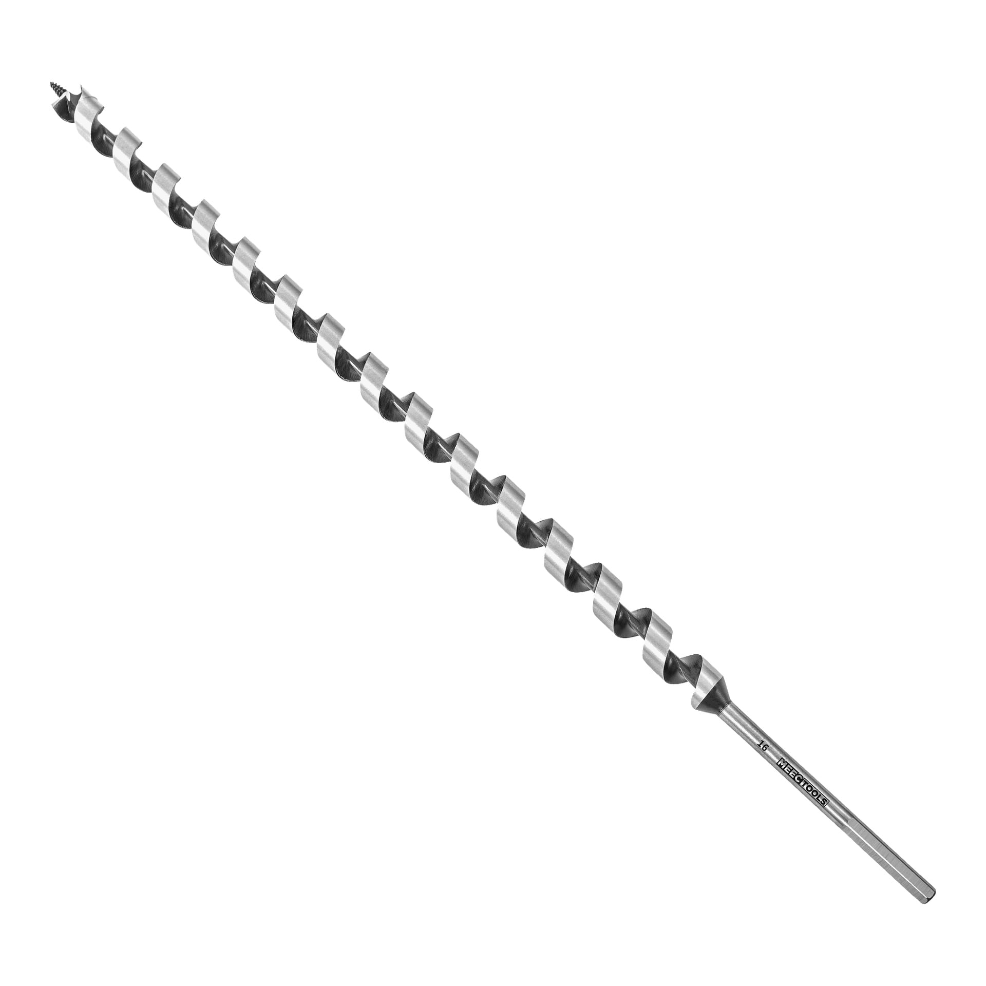 En lång silverborr med vridning från Meec Tools visar en spiralformad, spiralformad och en spetsig ände designad för att borra i trä. Produktnamnet är tryckt nära spetsen på dess slanka metallskaft.