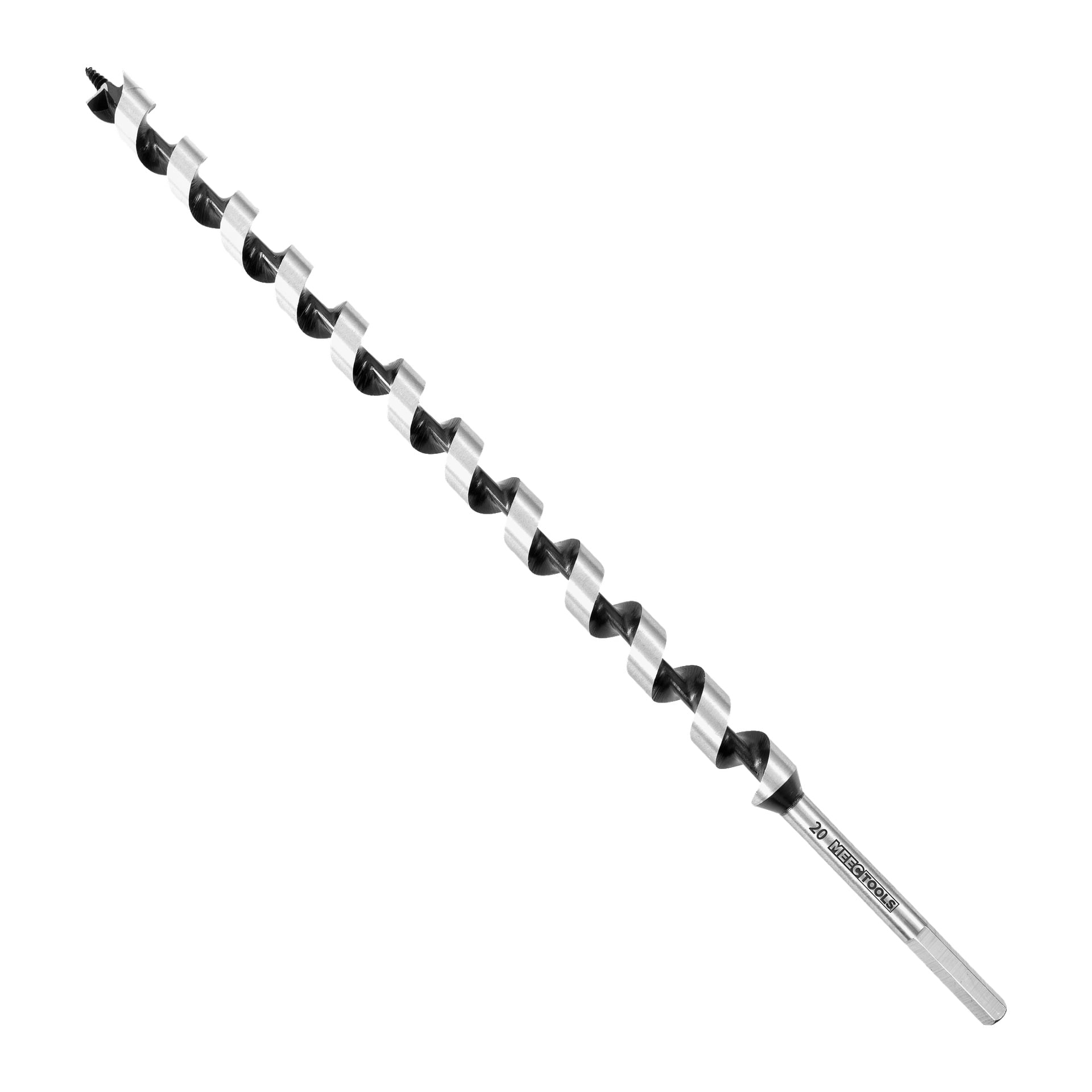 En Meec Tools Twist-borr med spiralmönster och en vass, spetsig spets, avsedd för att borra i trä, visas i en diagonal vinkel från nedre högra till övre vänstra hörn.