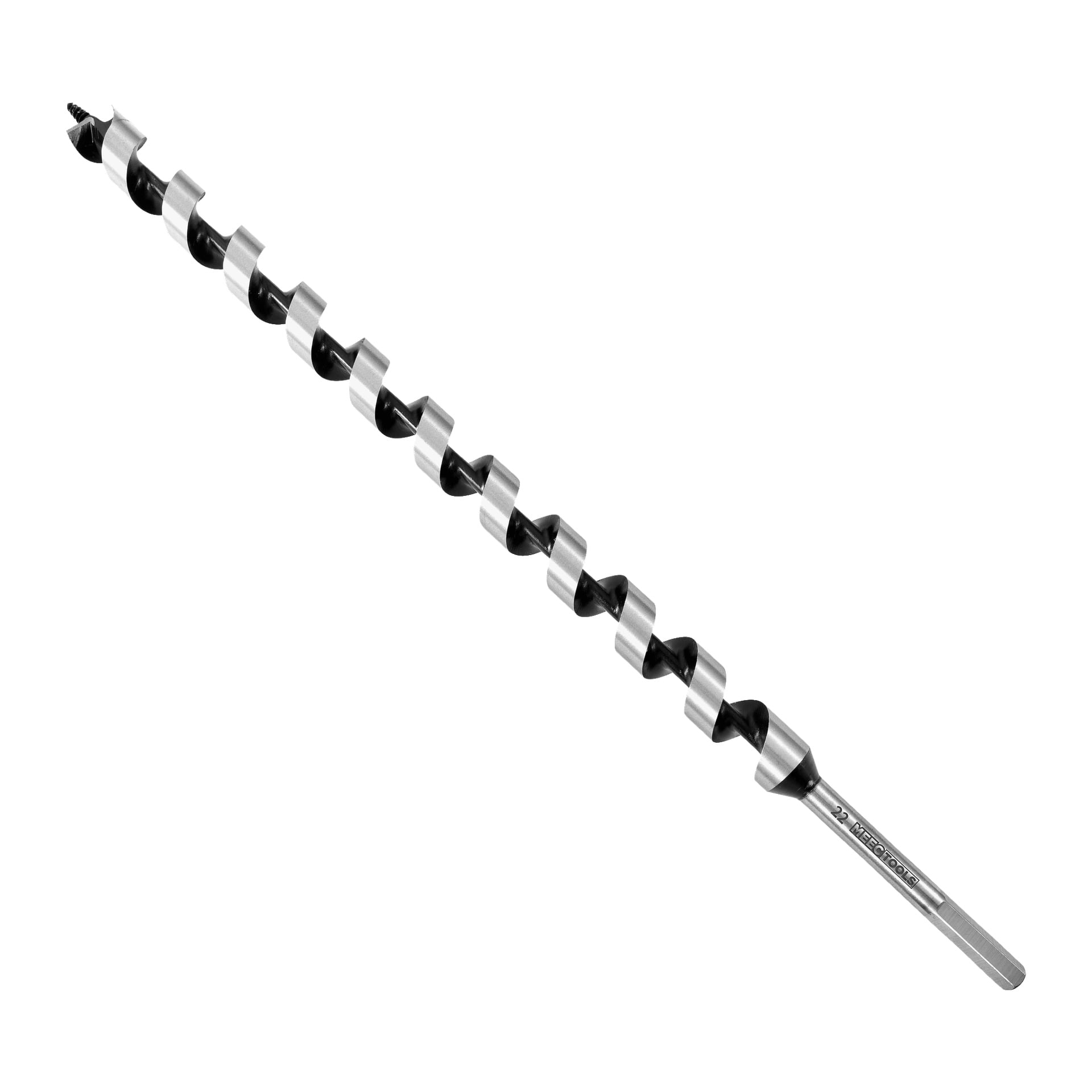 En Meec Tools Twist-borr med en lång, silver- och svart spiralkropp och en vass spets designad för att borra hål i trä.
