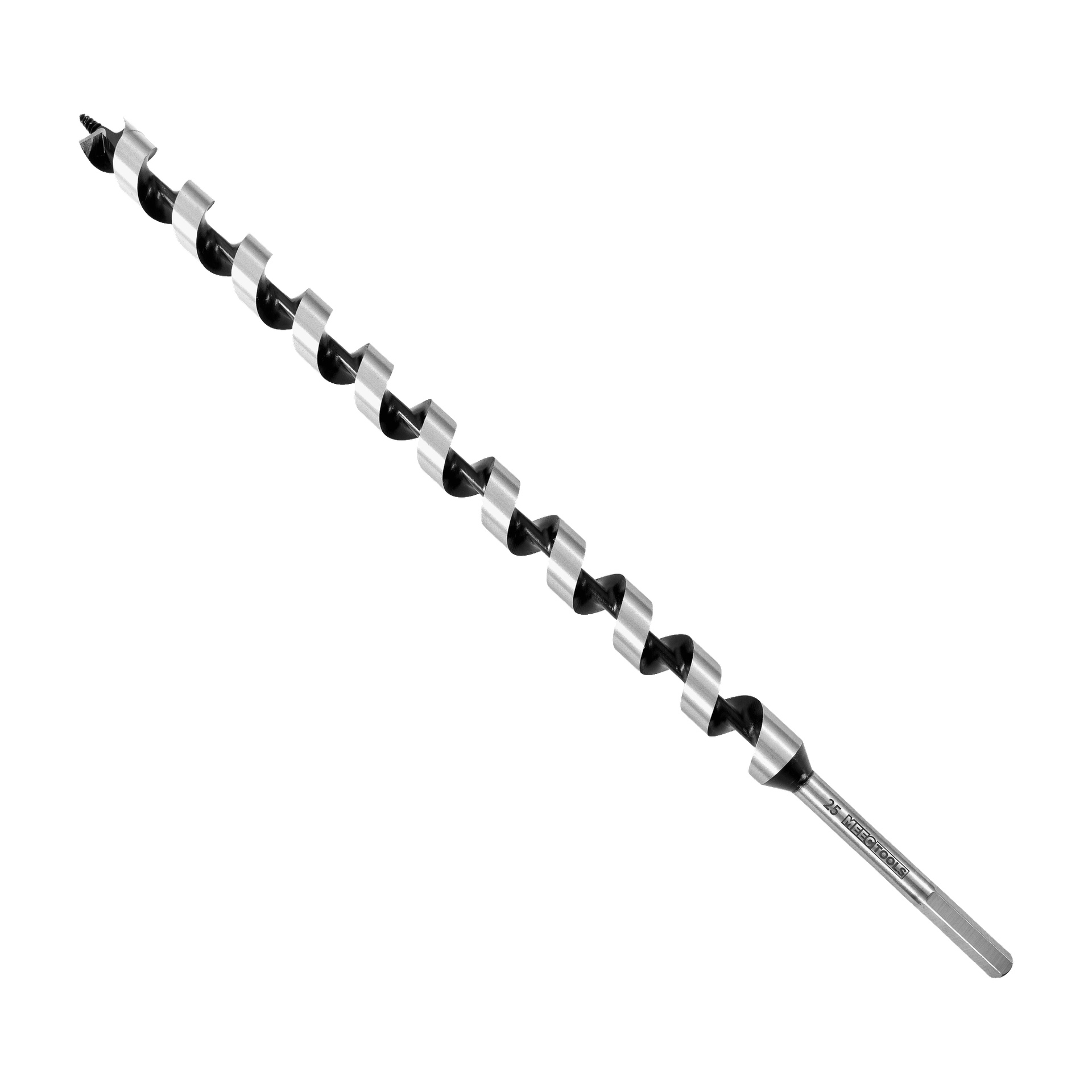 En Meec Tools Twist-borr med spiralformad design och vass spetsig spets för träborrning visas diagonalt.