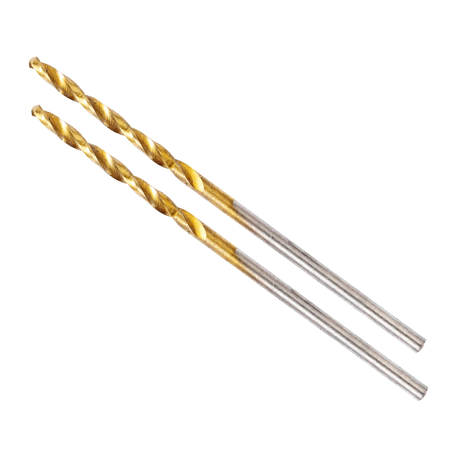 Två metallborrkronor från Meec Tools med silverskaft och guldräfflade spetsar är placerade diagonalt och parallellt med varandra.