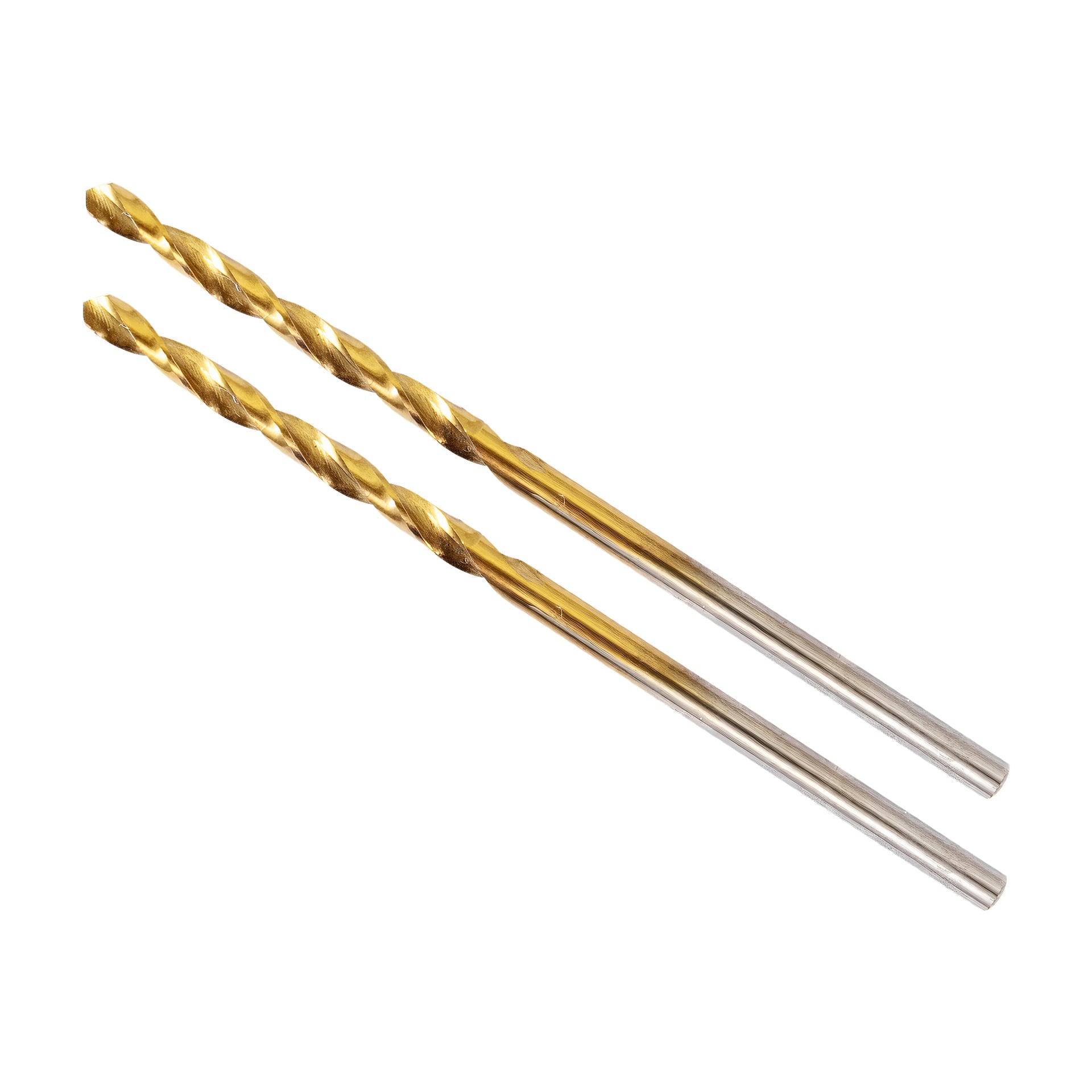 Två metallborrbitar från Meec Tools med guldfärgade spiralflöjter och silverskaft ligger sida vid sida. Varje har en vass spets, designad för att borra genom olika material.