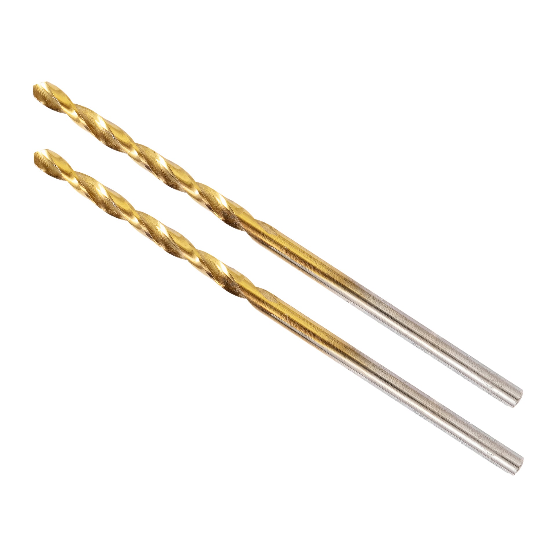 Två metallborrar från Meec Tools placeras sida vid sida. Borrbitarna har guldfärgade kroppar med silverskaft och spiralrävlar avsedda för skärning.