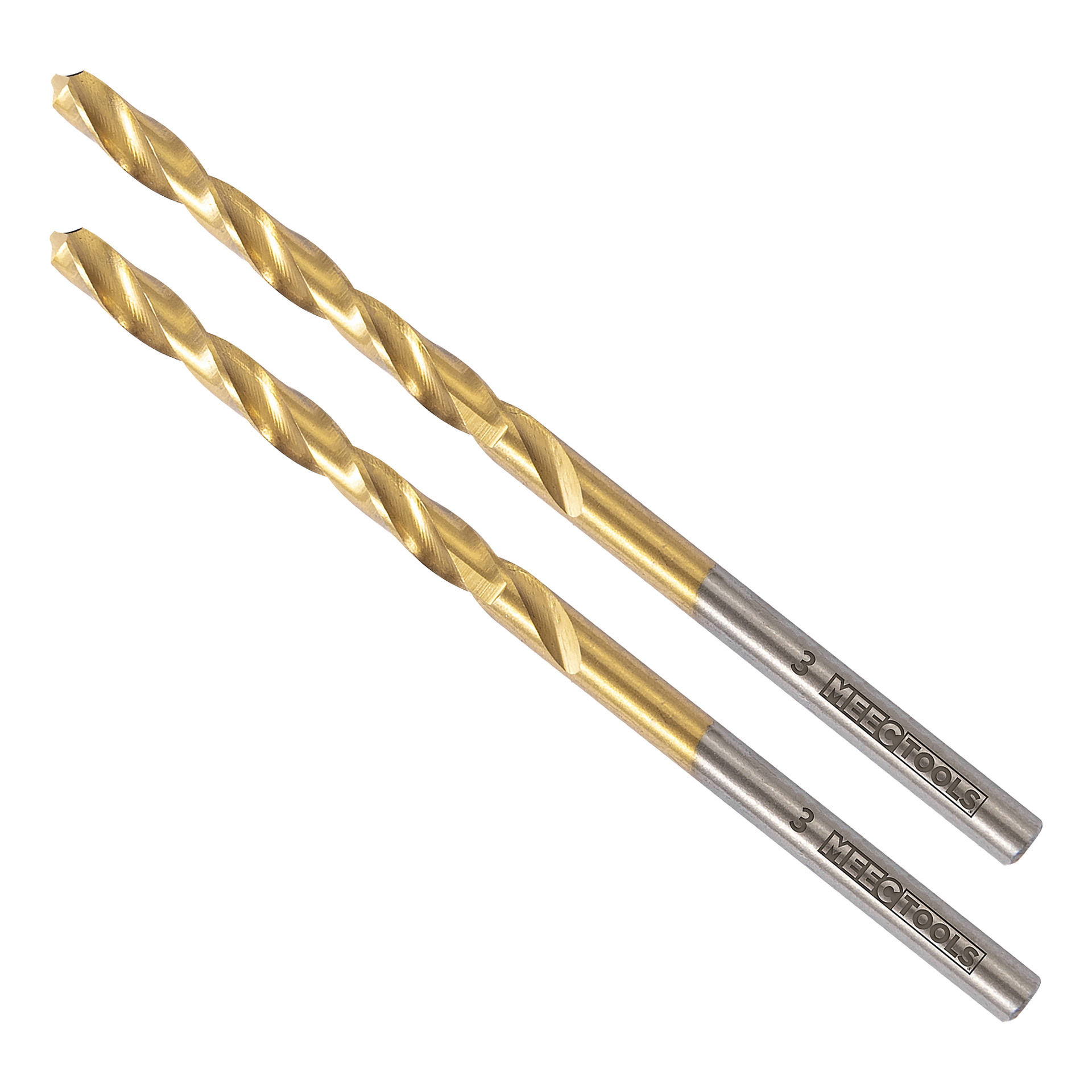 Två metallborrbitar från Meec Tools med guldräfflade sektioner och silverskaft, båda märkta MECF0014.