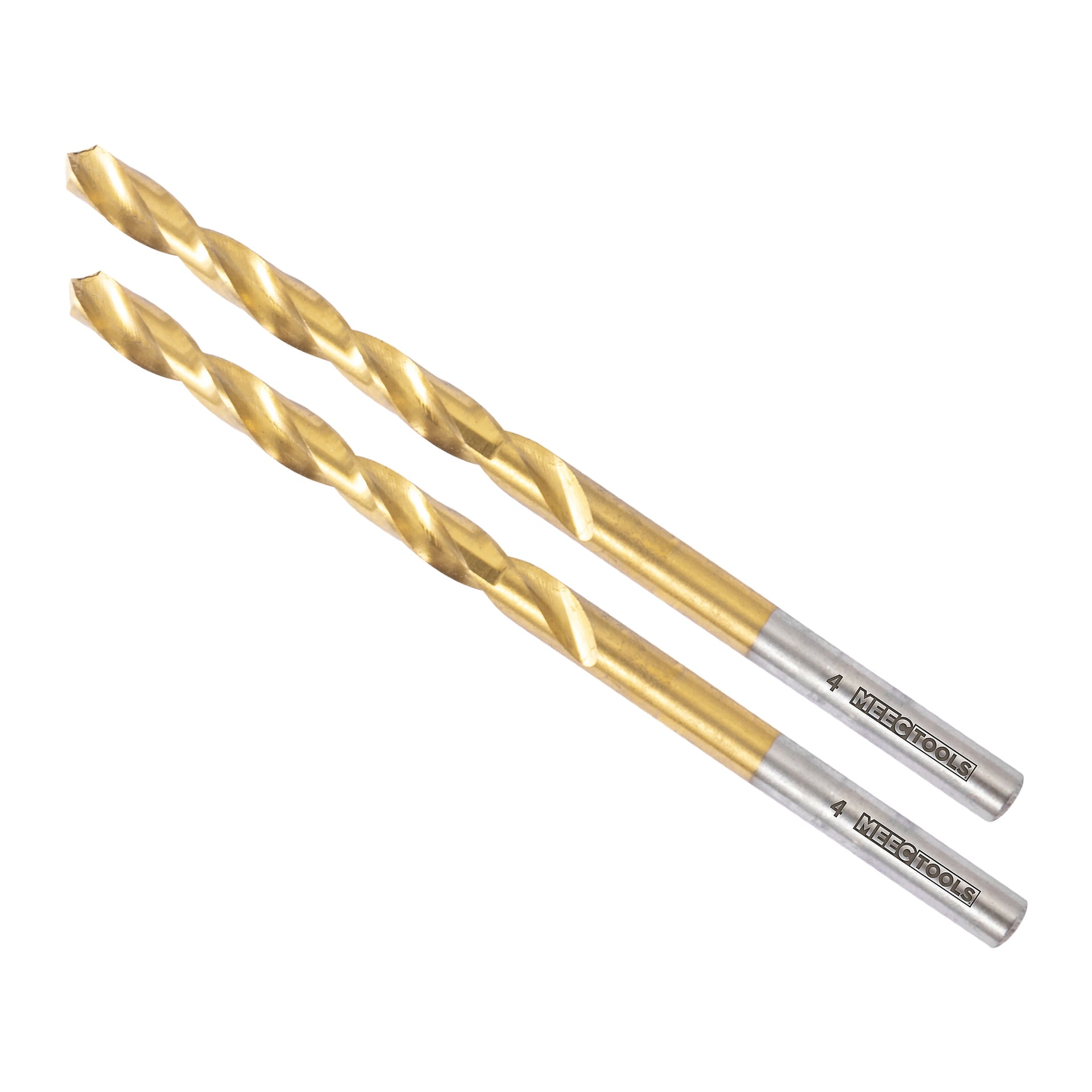 Två guldfärgade Meec Tools metallborrar med silverändar, vardera märkta "1", är placerade parallellt med varandra.