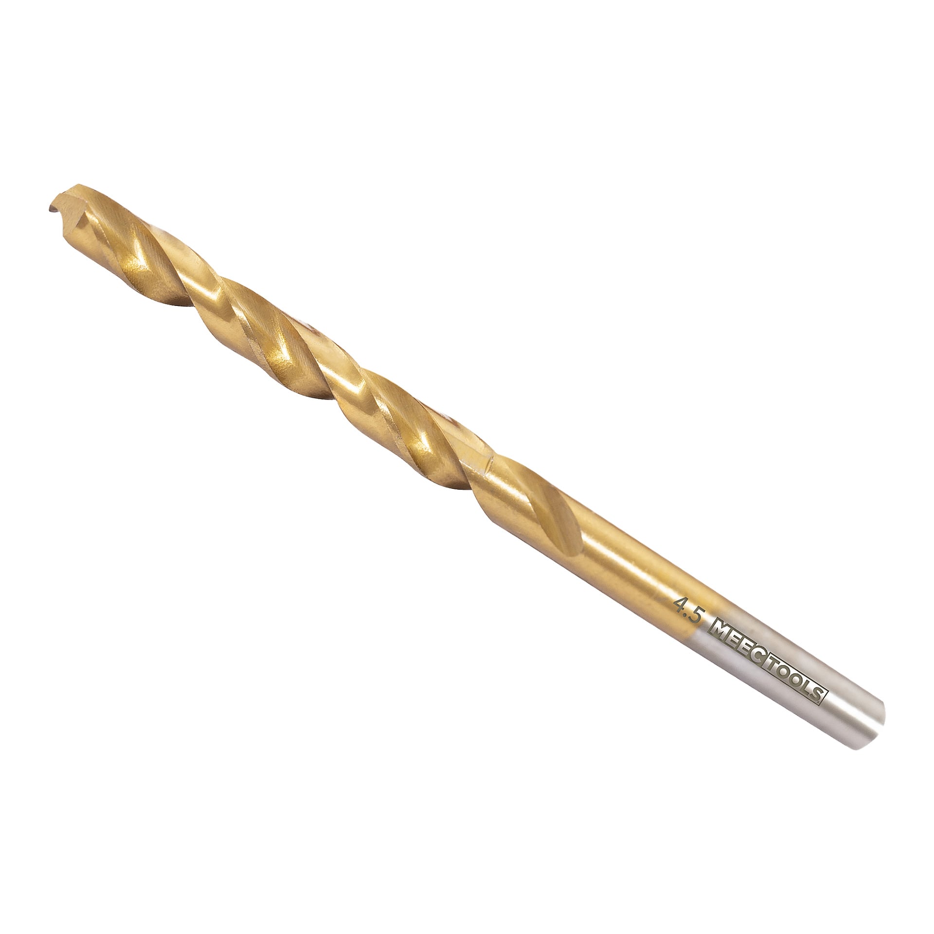 Ett guldfärgat Meec Tools metallborr med silverspets, med märkningen 4.5 på skaftet. Den har spiralformade spår, lämpliga för borrning av material som trä, metall och plast.