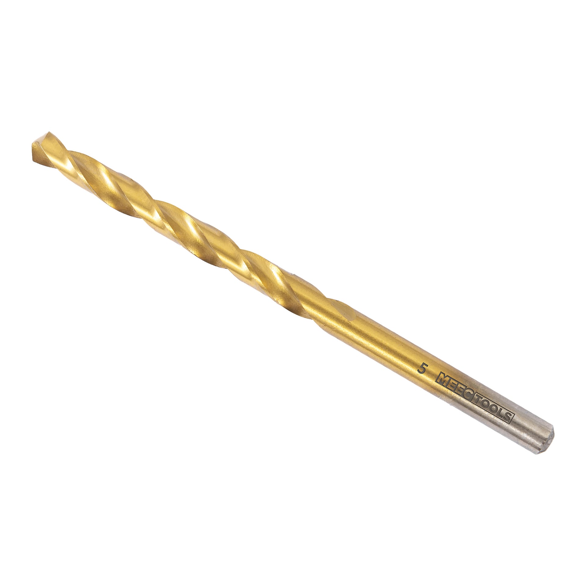 Ett guldfärgat metallborr från Meec Tools med spiralspets, märkt "5 MEC COOL", har en spetsig ände för borrning och en cylindrisk skaft som är utformad för att passa i en borrmaskin.