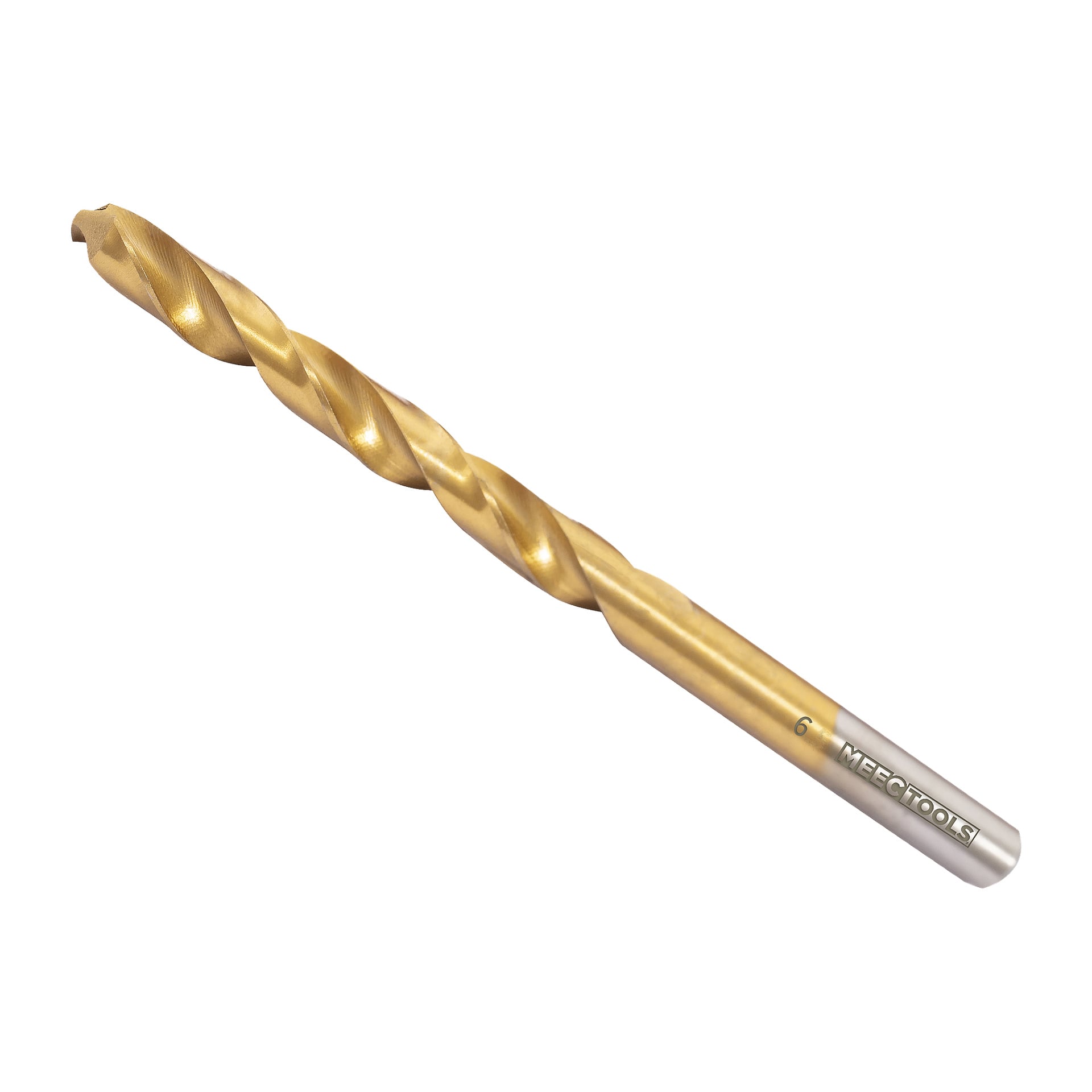 En närbild på en metallborr från Meec Tools med guldkropp, silverbas och skaftet som visar siffrorna "6" tillsammans med varumärket "MECCTOOLS".