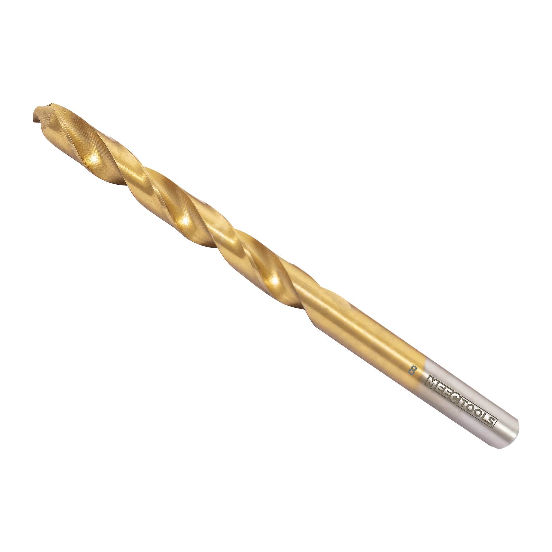 En detaljerad vy av en guldfärgad metallborr från Meec Tools med en silverbas som visar Meec Tools-logotypen. Borrbiten har spiralrävlar och en vass, spetsig ände.