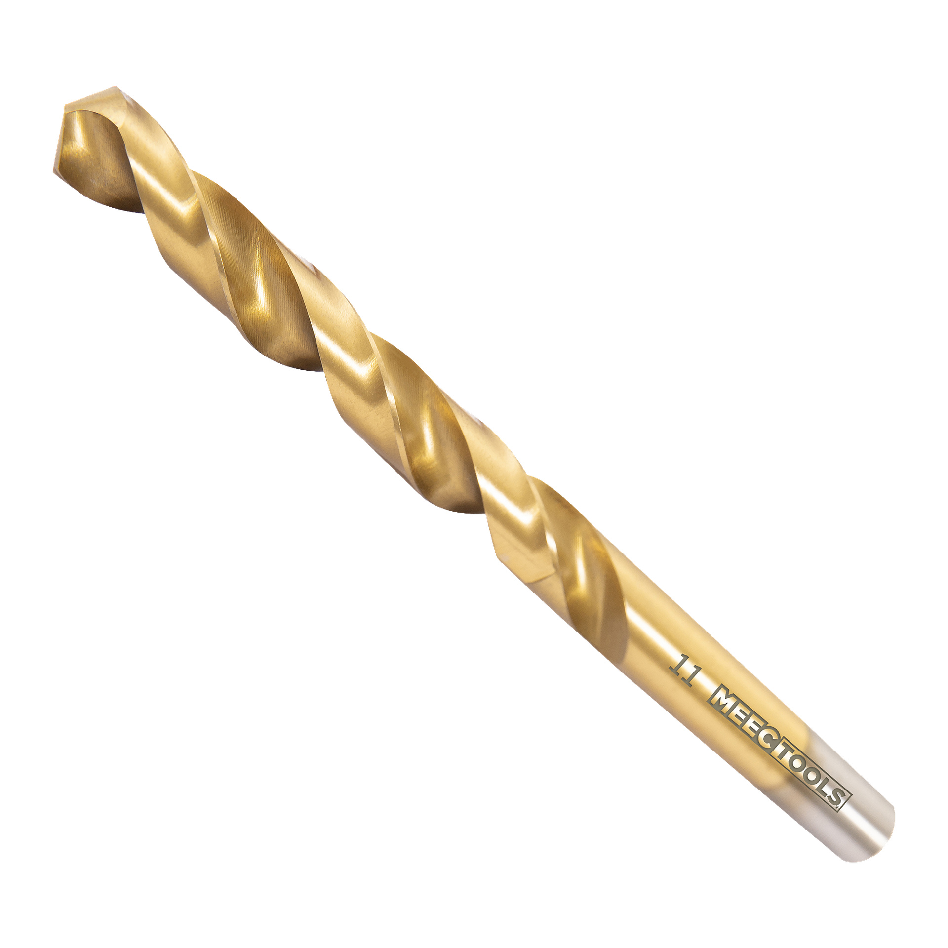 Ett Meec Tools metallborr med guldfinish, designad med spiralspår och vass spetsig spets.