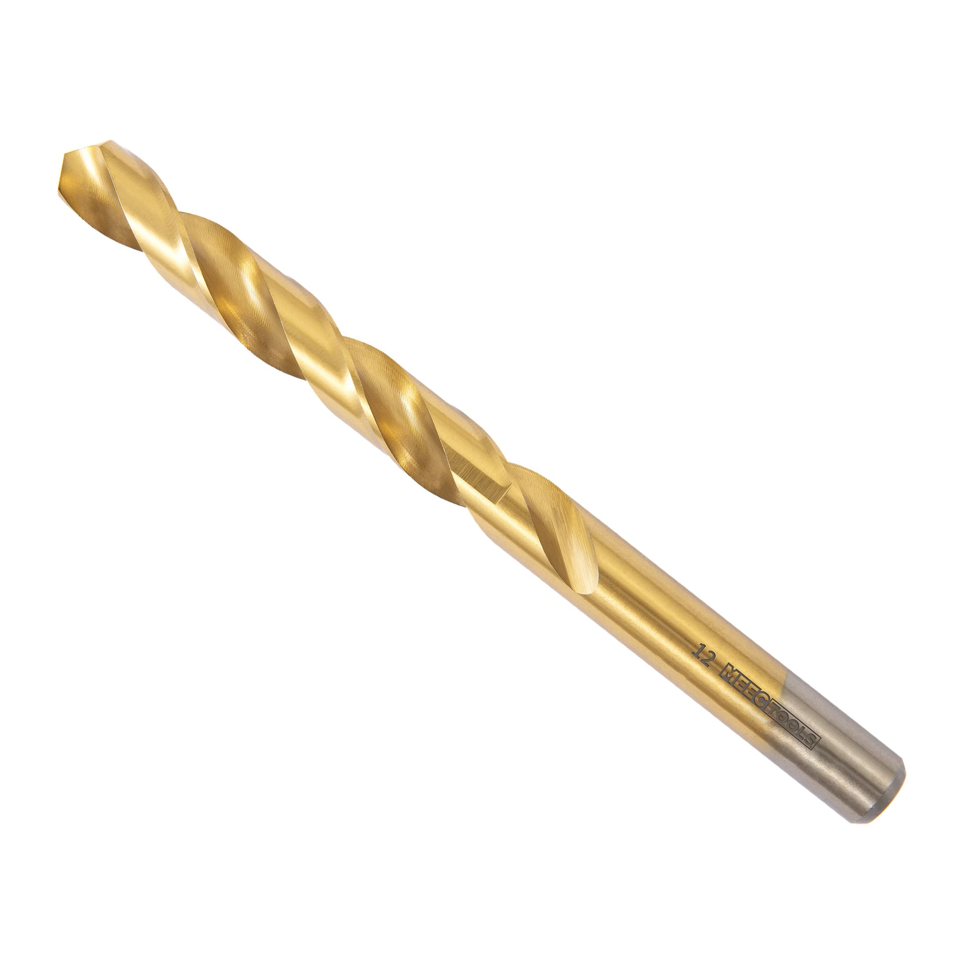 En metallborr från Meec Tools har en guldkropp med silverskaft, spiralflöjter längs axeln och gravyren "12 HSS COBALT" nära basen.