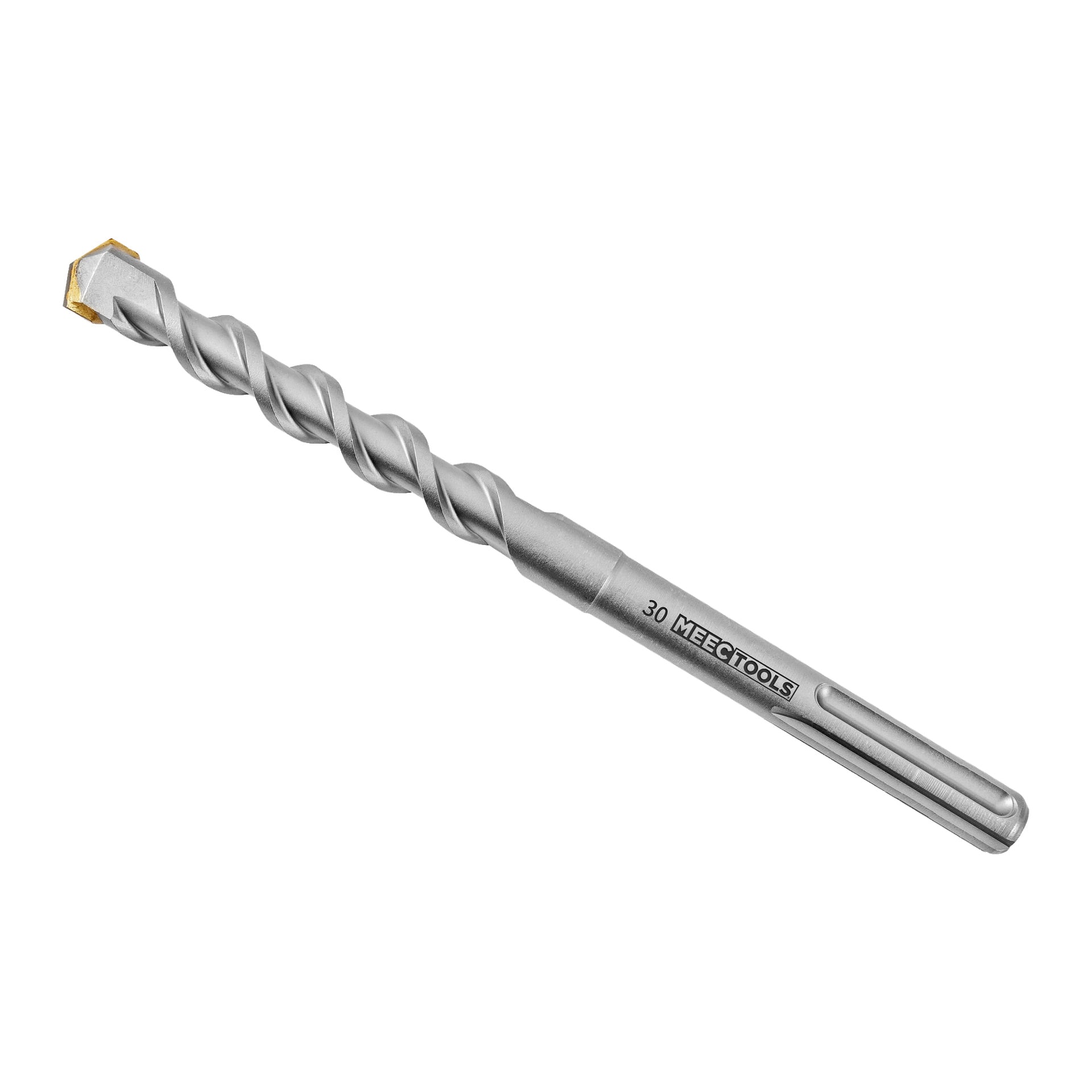 En silverborr från Hammer med spiralräffling och en mejselformad spets från Meec Tools, med "30 MEECTOOLS" på skaftet.
