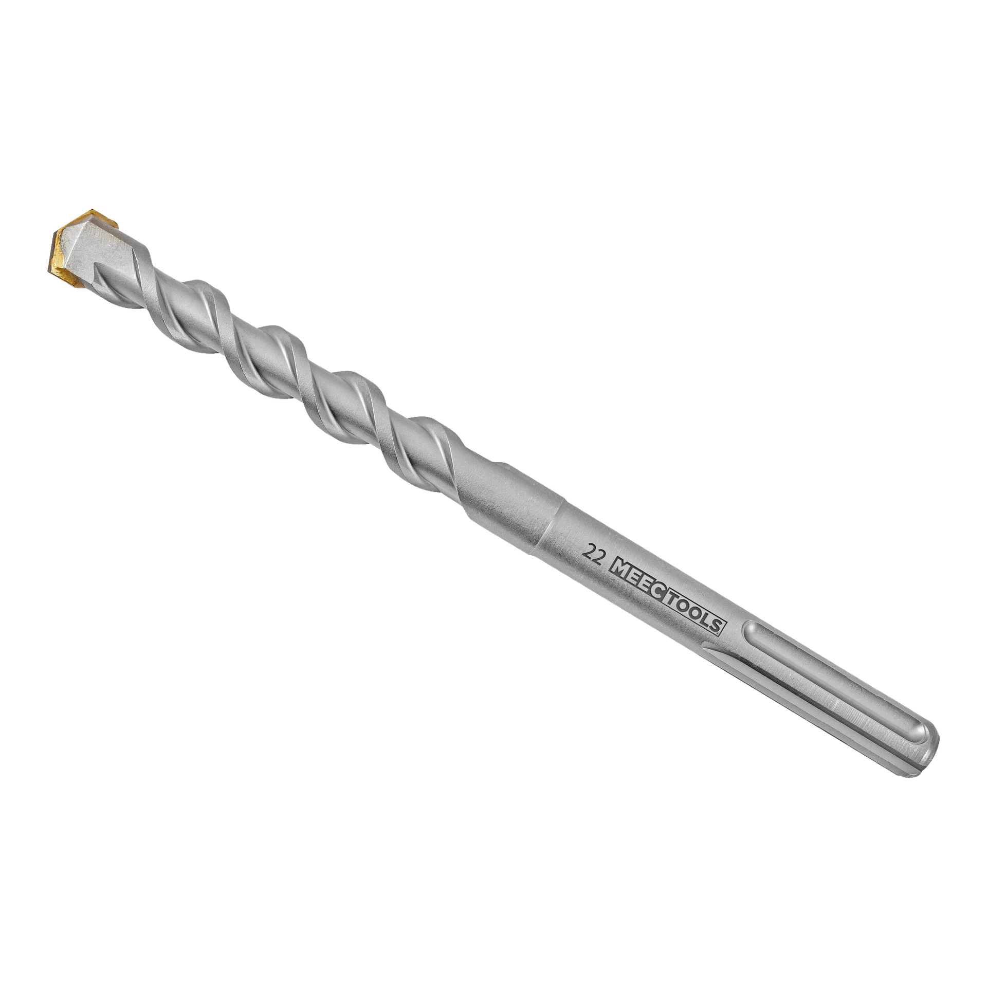 En silverfärgad Meec Tools hammarborr med spiralflöjt och mejselspets. Axeln bär varumärket Meec Tools och nummer 22.