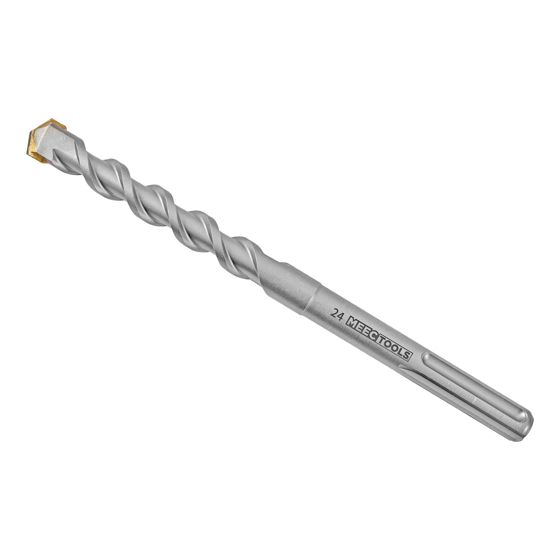 En silverborr med spiralflöjter, en SDS-skaft och en karbidspets. Skaftet visar siffran 24 tillsammans med varumärket Meec Tools.