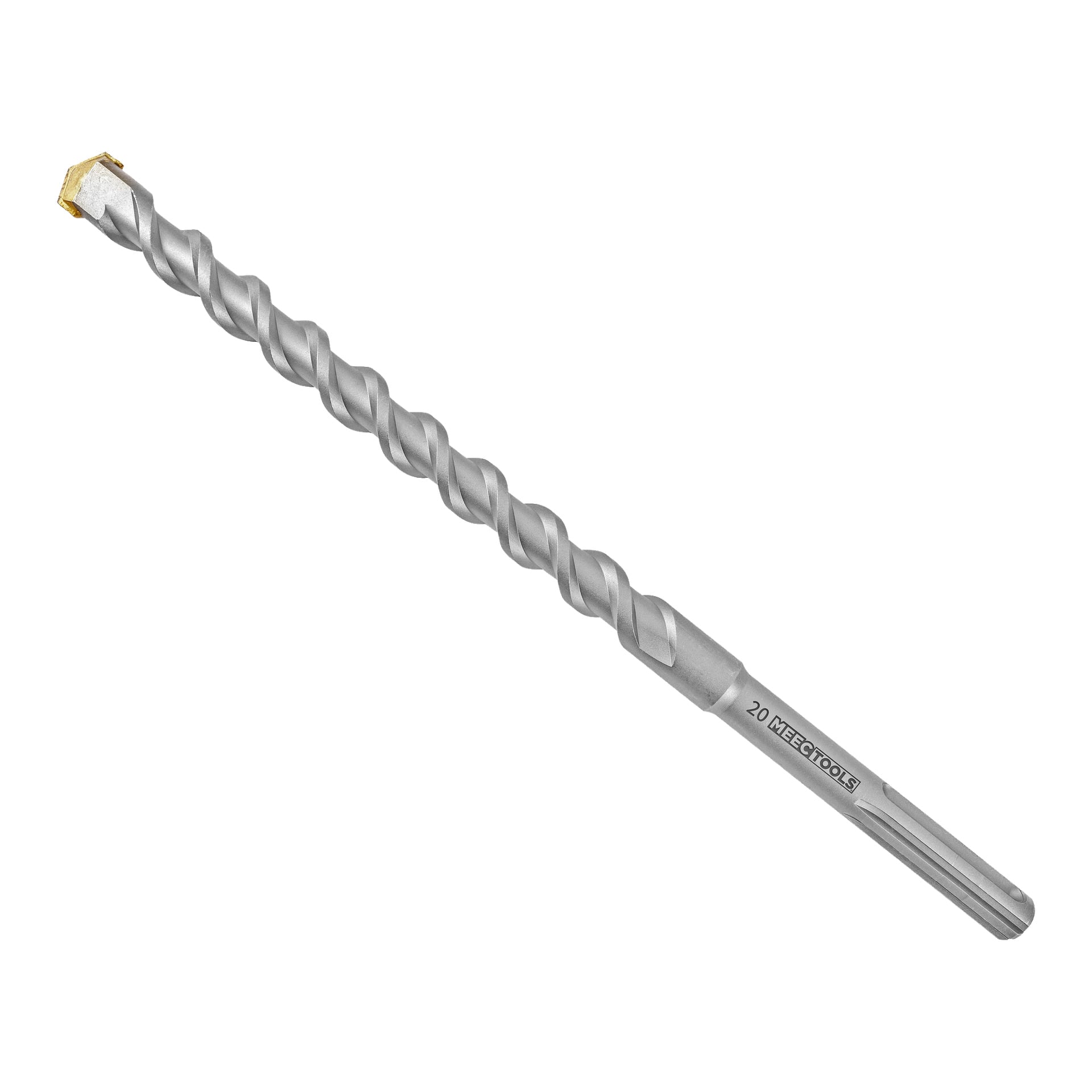 En Meec Tools hammarborr med en silverfärgad, spiralspårad axel etsad med "20 HECETOOLS" och en vass karbidspets, avsedd för användning i hammarborrar.
