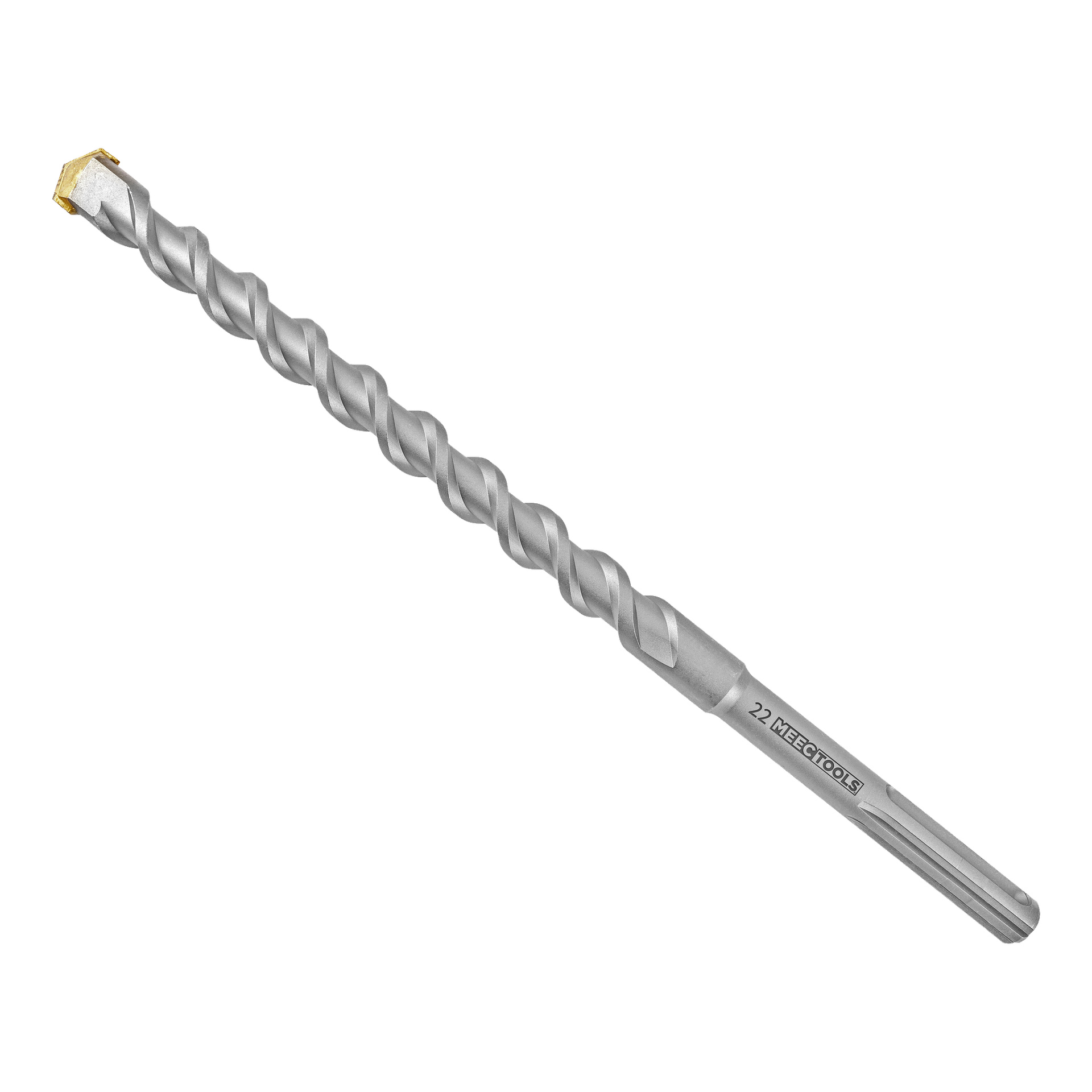 En sølvfarget Meec Tools hammerbor har spiralfløyte og karbidspiss. Skaftet viser merkenavnet og størrelsesgraveringen.