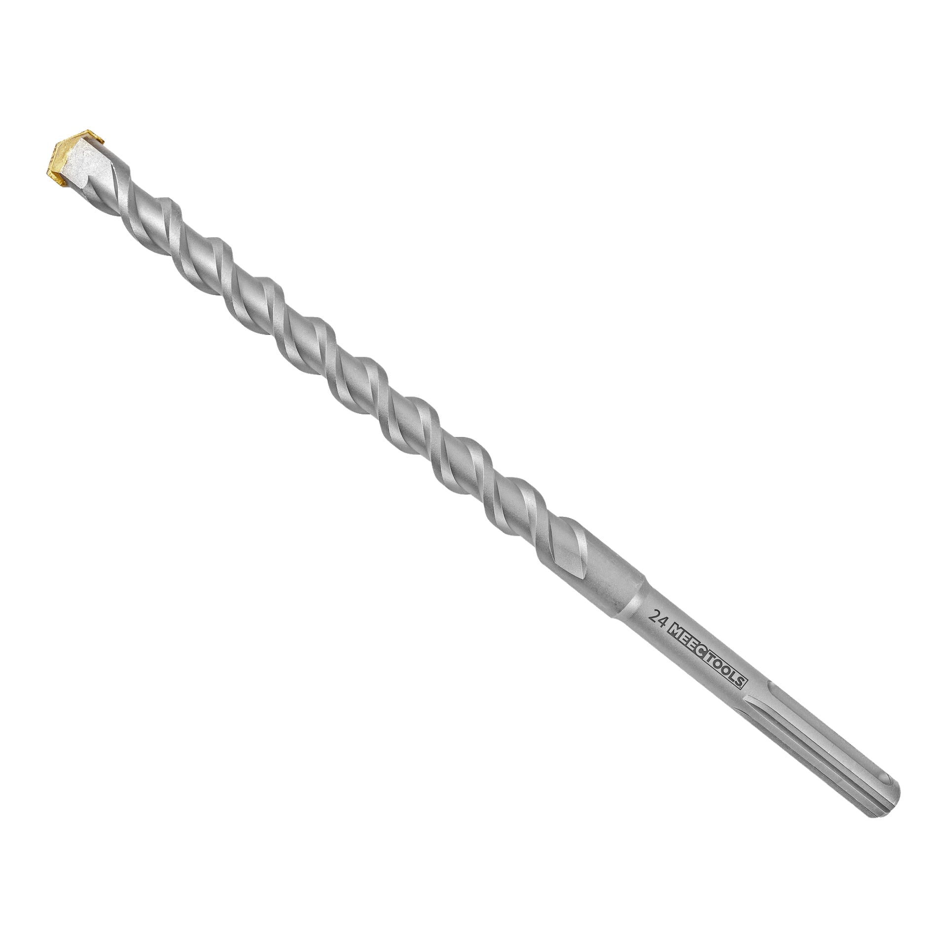 Ett silverfärgat Meec Tools hammarborr med spiralflöjtmönster och en mejslad wolframkarbidspets är placerad i en lätt vinkel. Skaftet visar märkningen 24 METRICOOS.