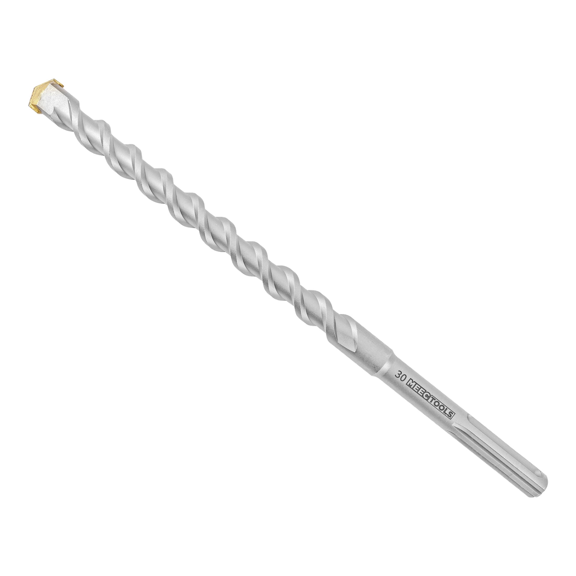 En Meec Tools hammarborr med spiralflöjt, volframkarbidspets och skaft med tryckt märkning.