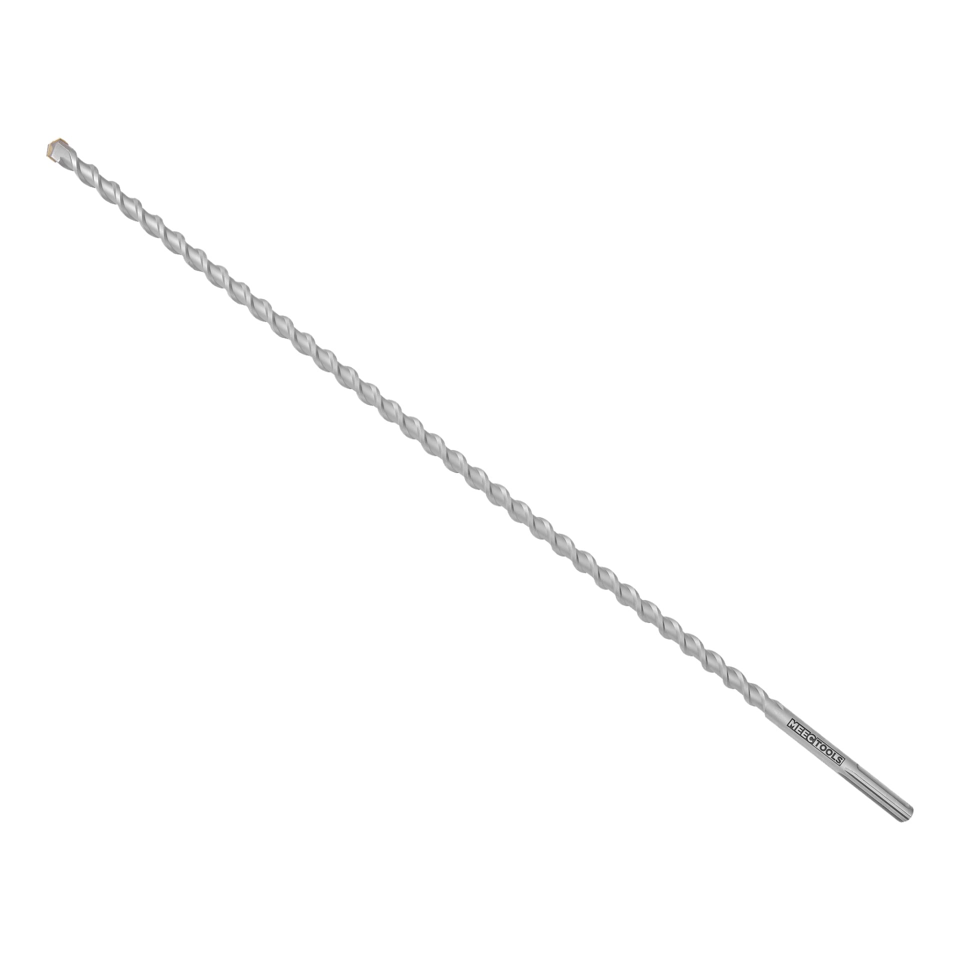 En Meec Tools hammarborr med ett långt, silverfärgat spiralmönster och en smal spetsig spets, cylindrisk skaft och märkning nära basen.