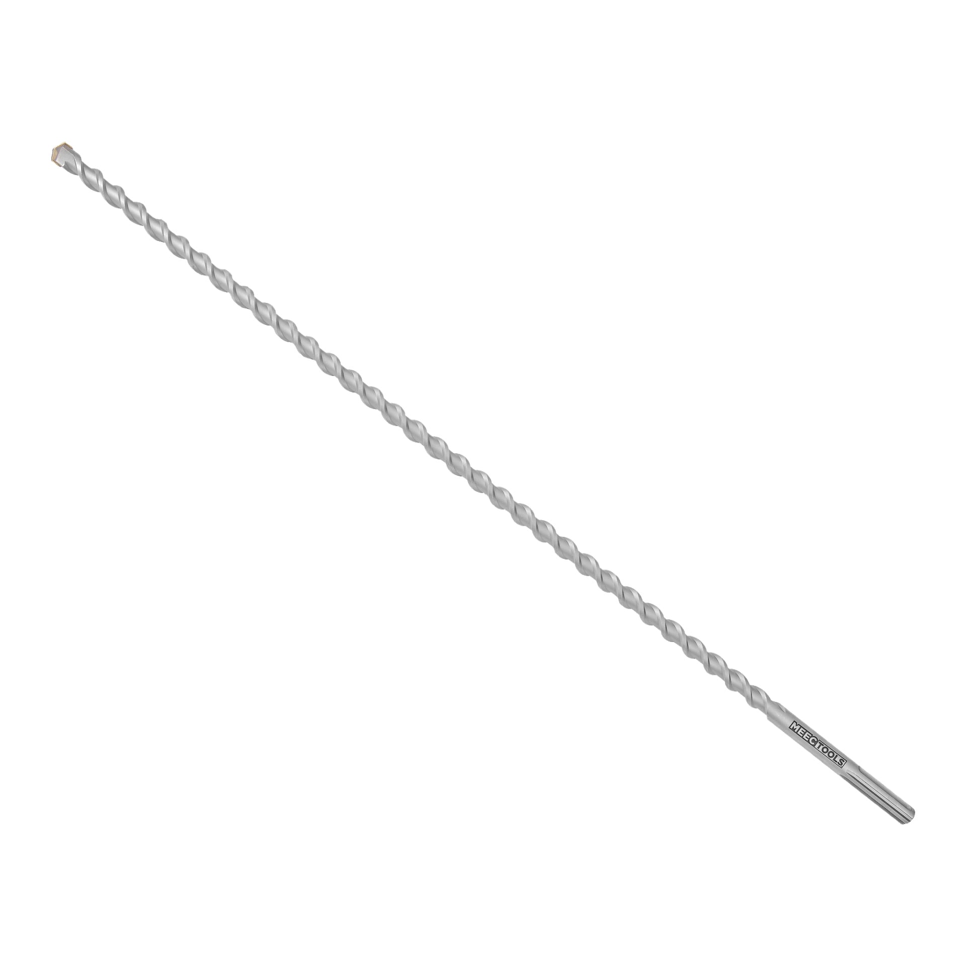 En Meec Tools hammarborr med ett långt silverskaft med spiralräffling, en vass spetsig spets och en cylindrisk skaft visas i vinkel.