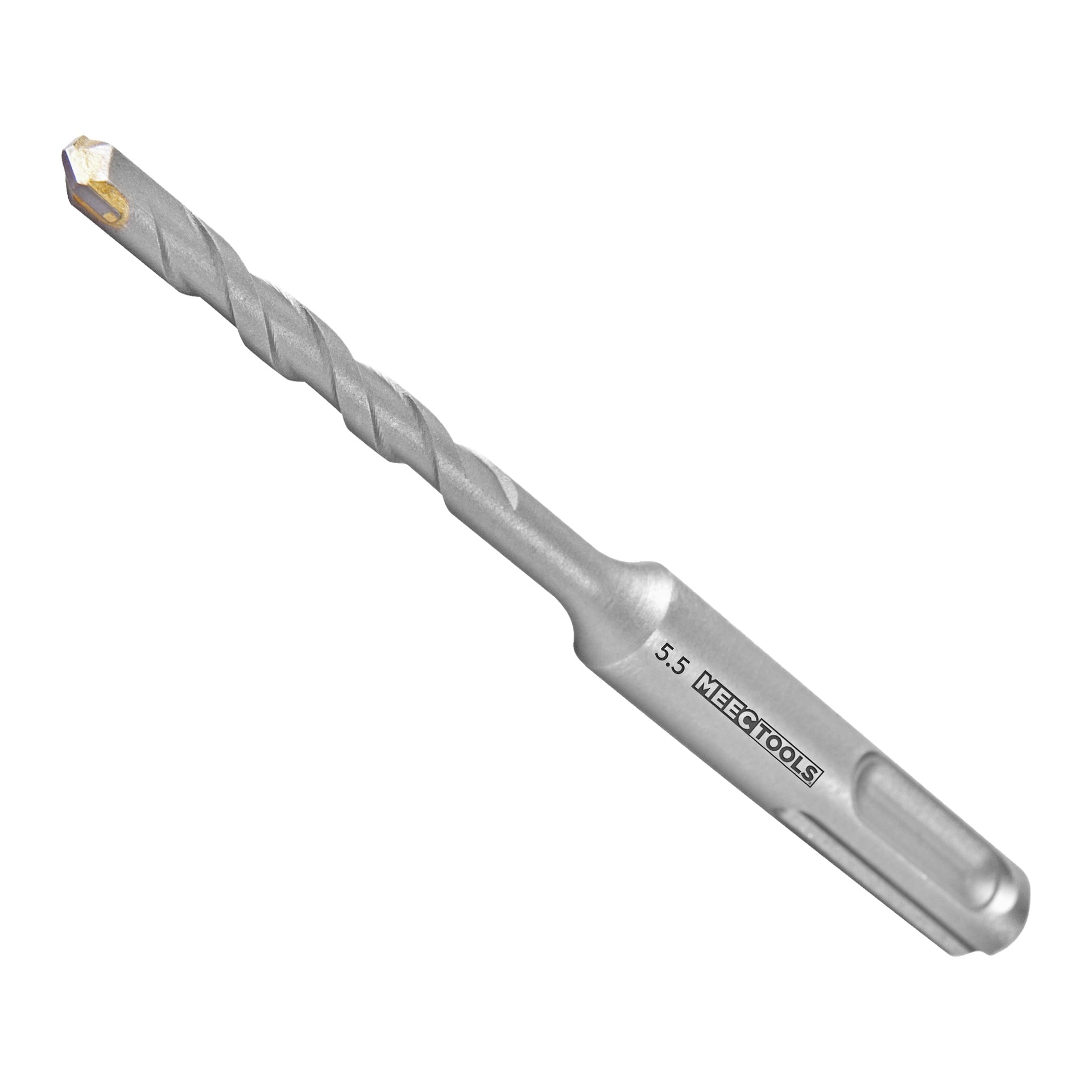 En grå betongborr med spiralflöjtmönster, en spetsig karbidspets och Meec Tools-märkning längs axeln.