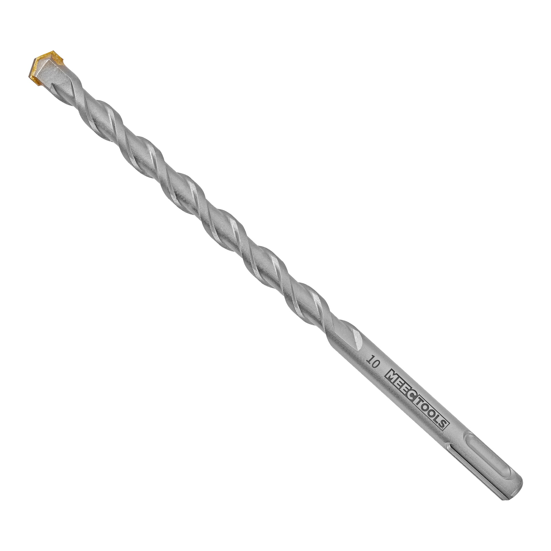 Srebrna wiertarka do betonu Meec Tools z wałkiem spiralnym i ostrym końcem z węglika, z grawerunkiem "Meec Tools" na boku.
