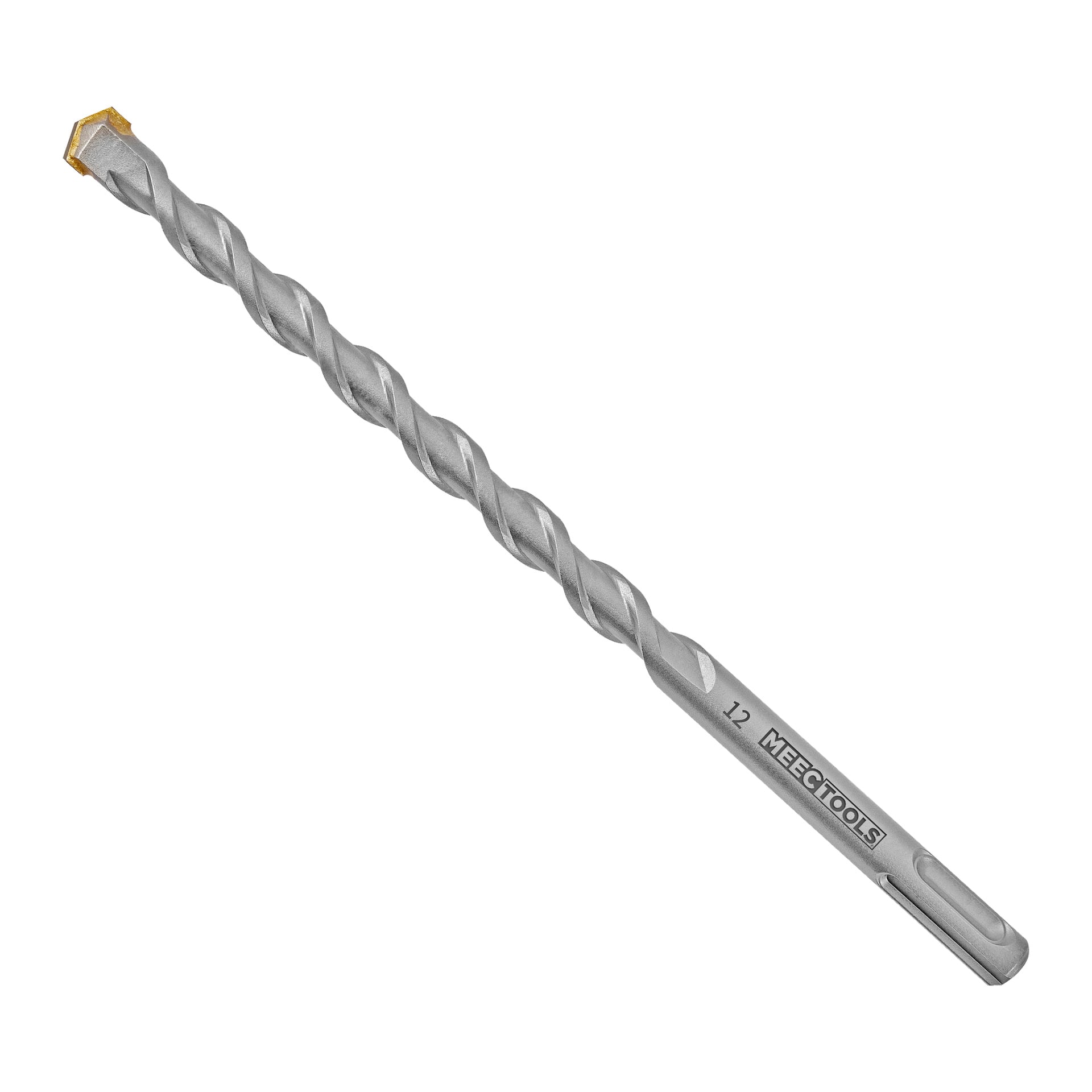 En silverfärgad spiralräfflad betongborr från Meec Tools med en spets av volframkarbid och en axel med varumärkeslogotypen, tillverkad för användning med roterande hammarborr.