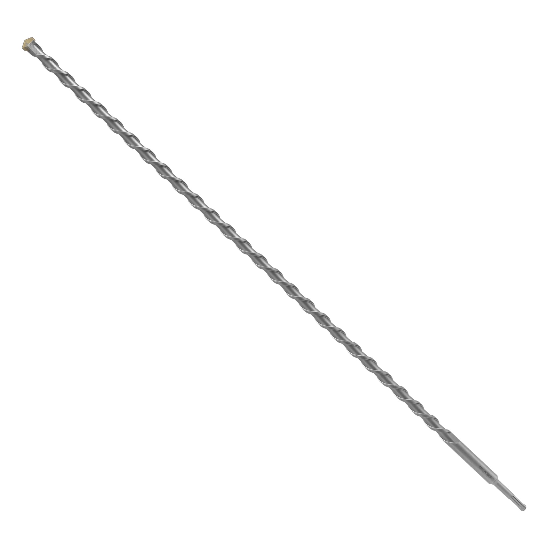 Ett enda, avlångt Meec Tools betongborr med blank silverfinish och spiralformade spår visas, placerat diagonalt från övre vänstra till nedre högra hörnet.