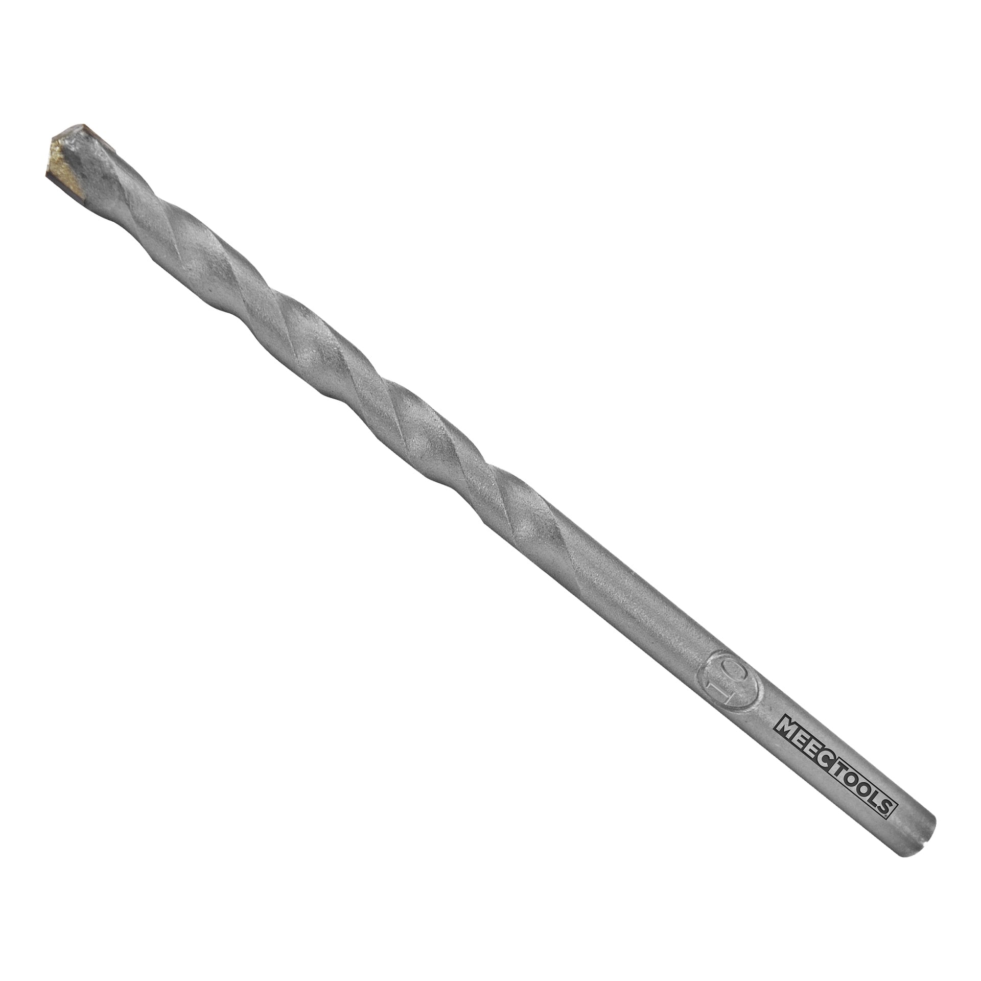 En enda grå betongborr med spetsig spets och spiralspår, med etiketten Meec Tools nära basen.