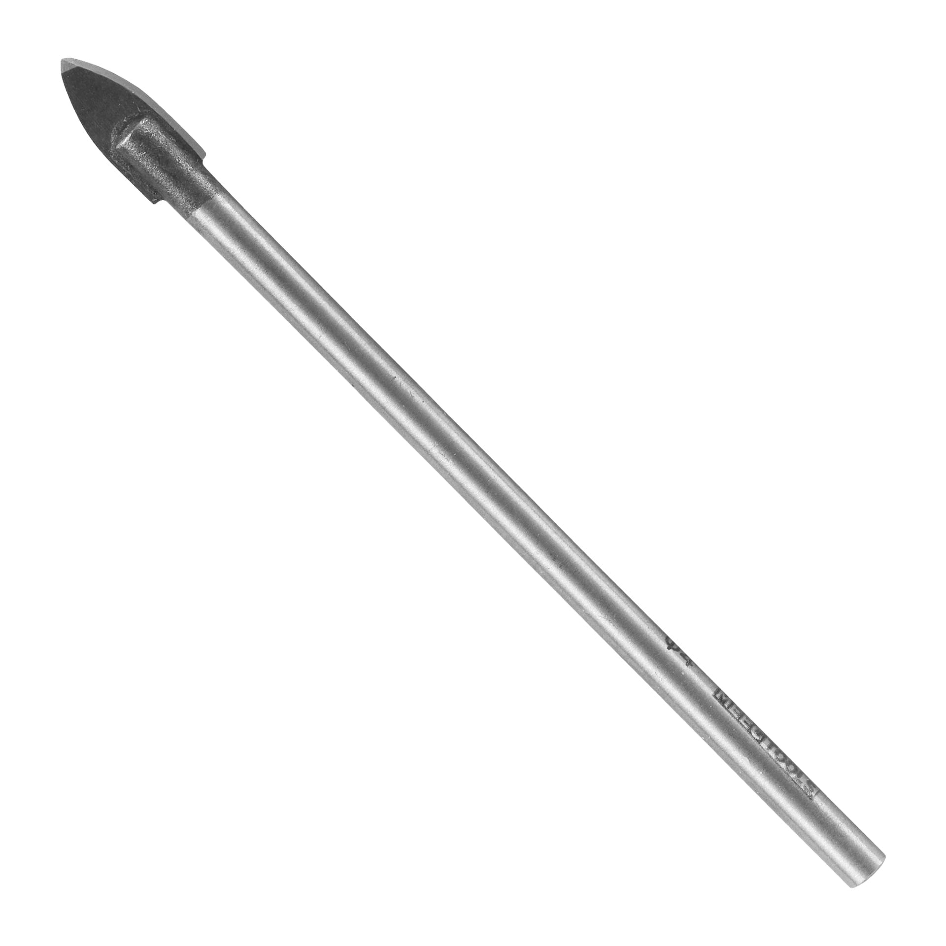 En detaljerad närbild av en Meec Tools glas-/kakelborr, som visar dess spjutliknande karbidspets och cylindriska skaft.
