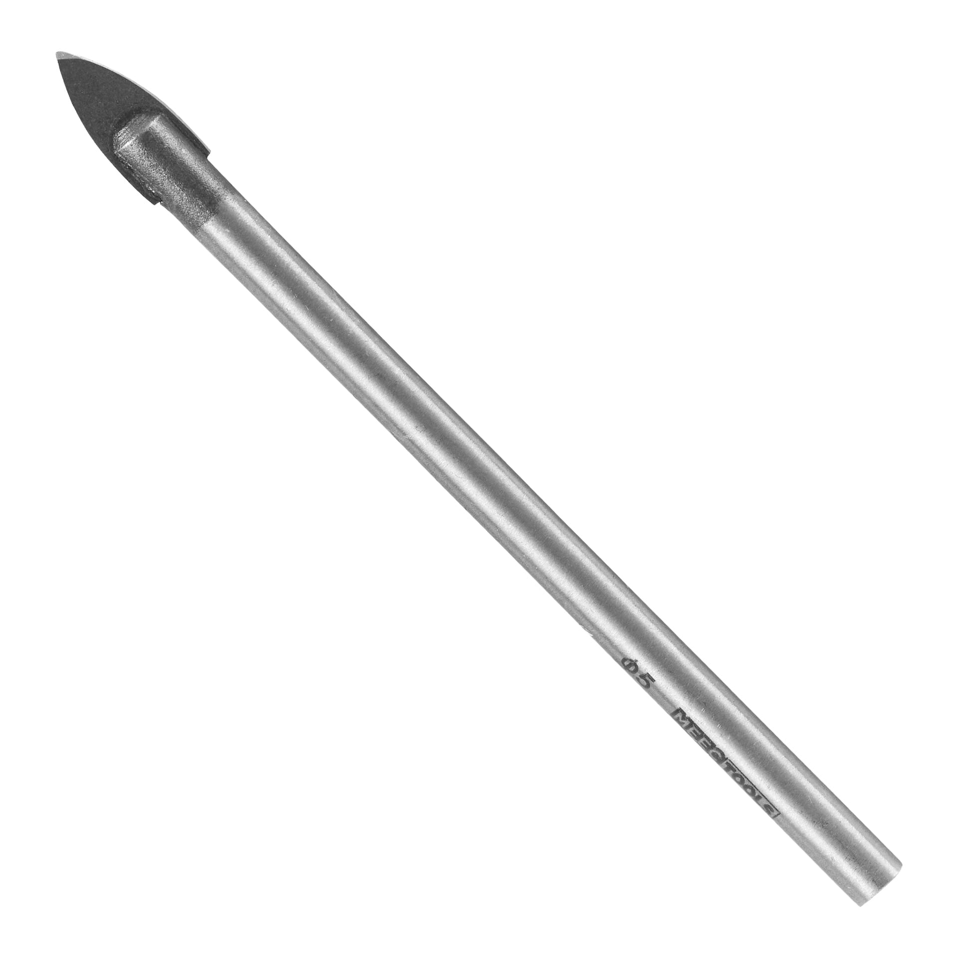En närbild på en Meec Tools glas- och kakelborr med en spetsig, spjutformad spets, placerad diagonalt.