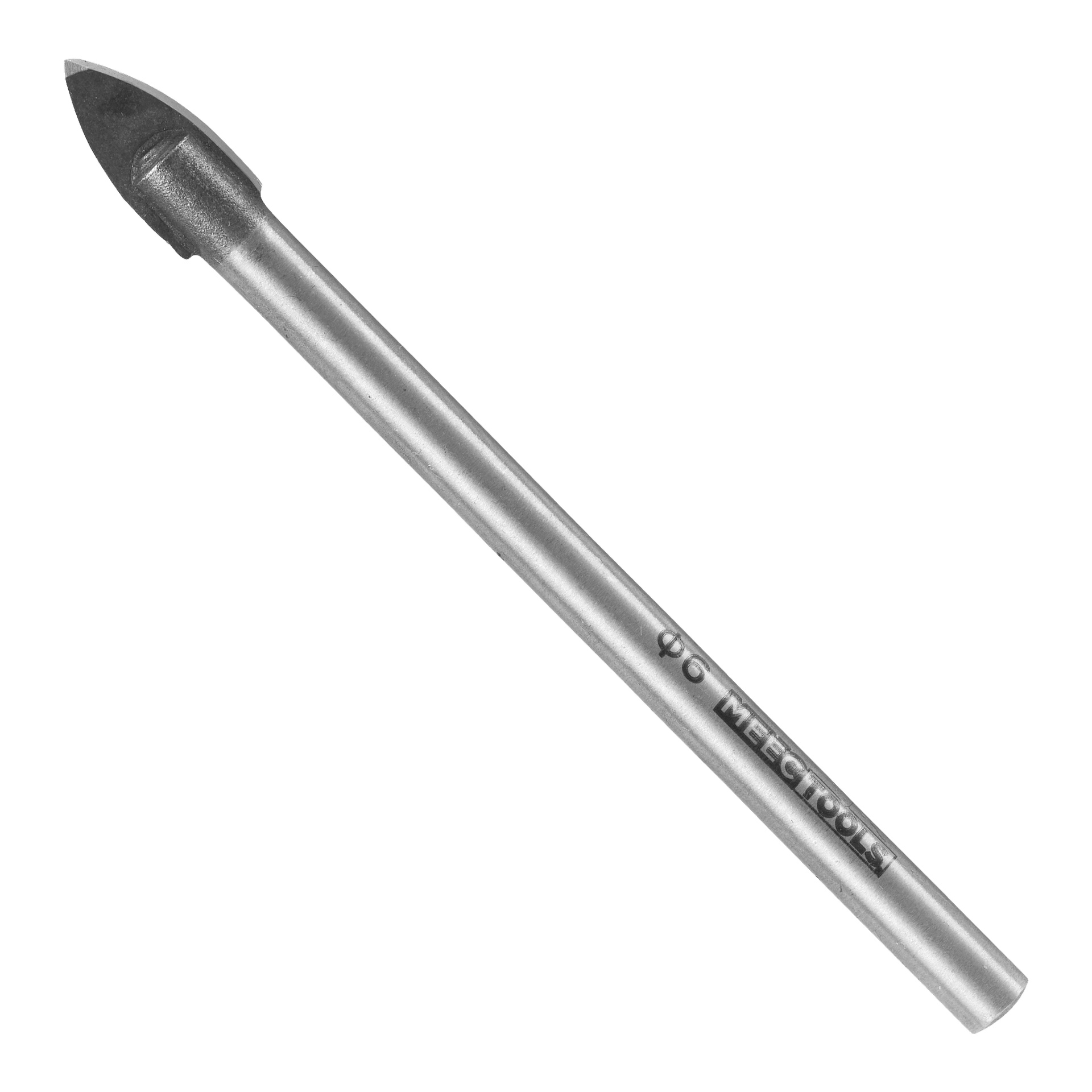 En Meec Tools glas- och kakelborr med en spetsig, kilformad spets och en cylindrisk skaft märkt med graverad text.