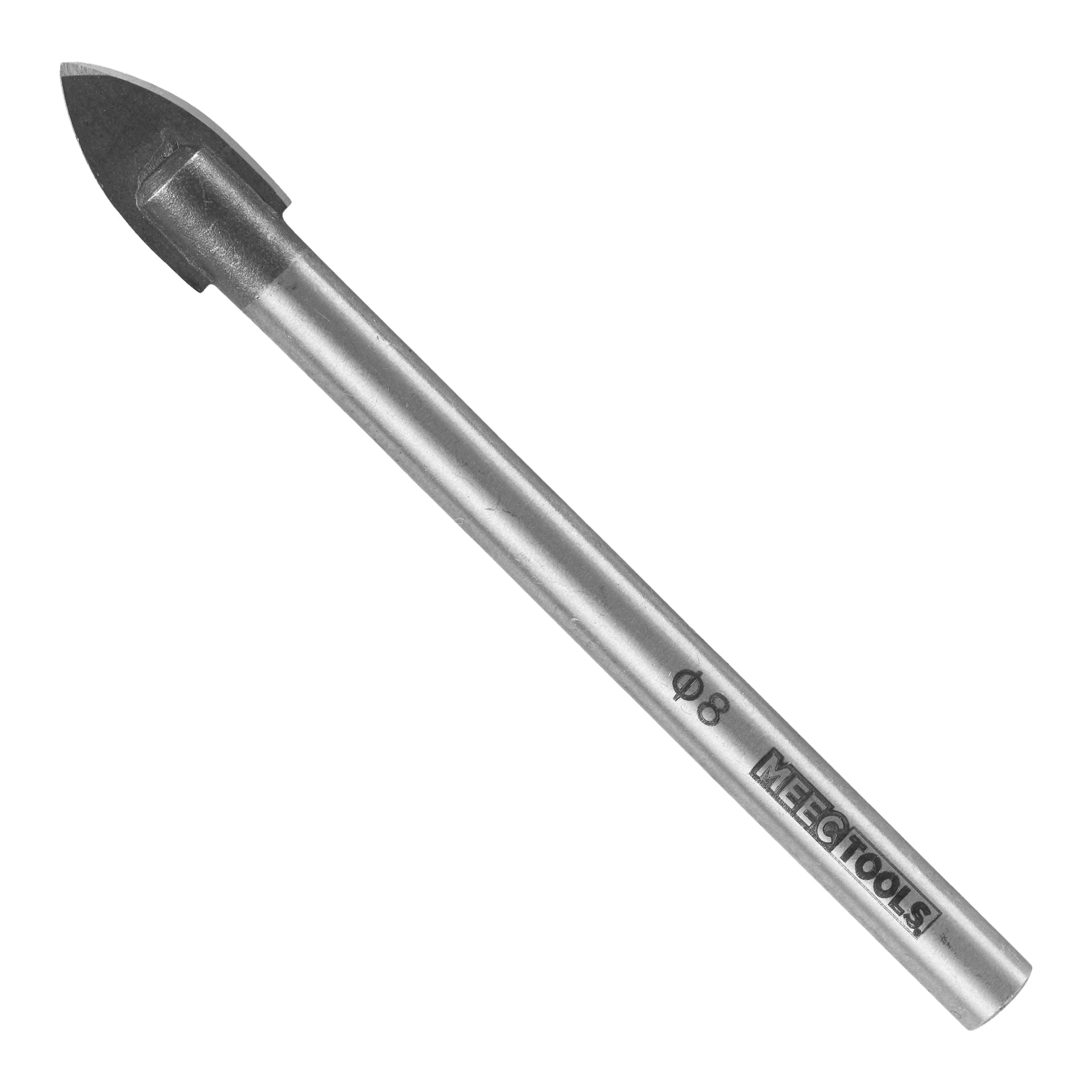 En glas- eller kakelborr med en spjutformad spets och varumärket Meec Tools markerat längs sidan.