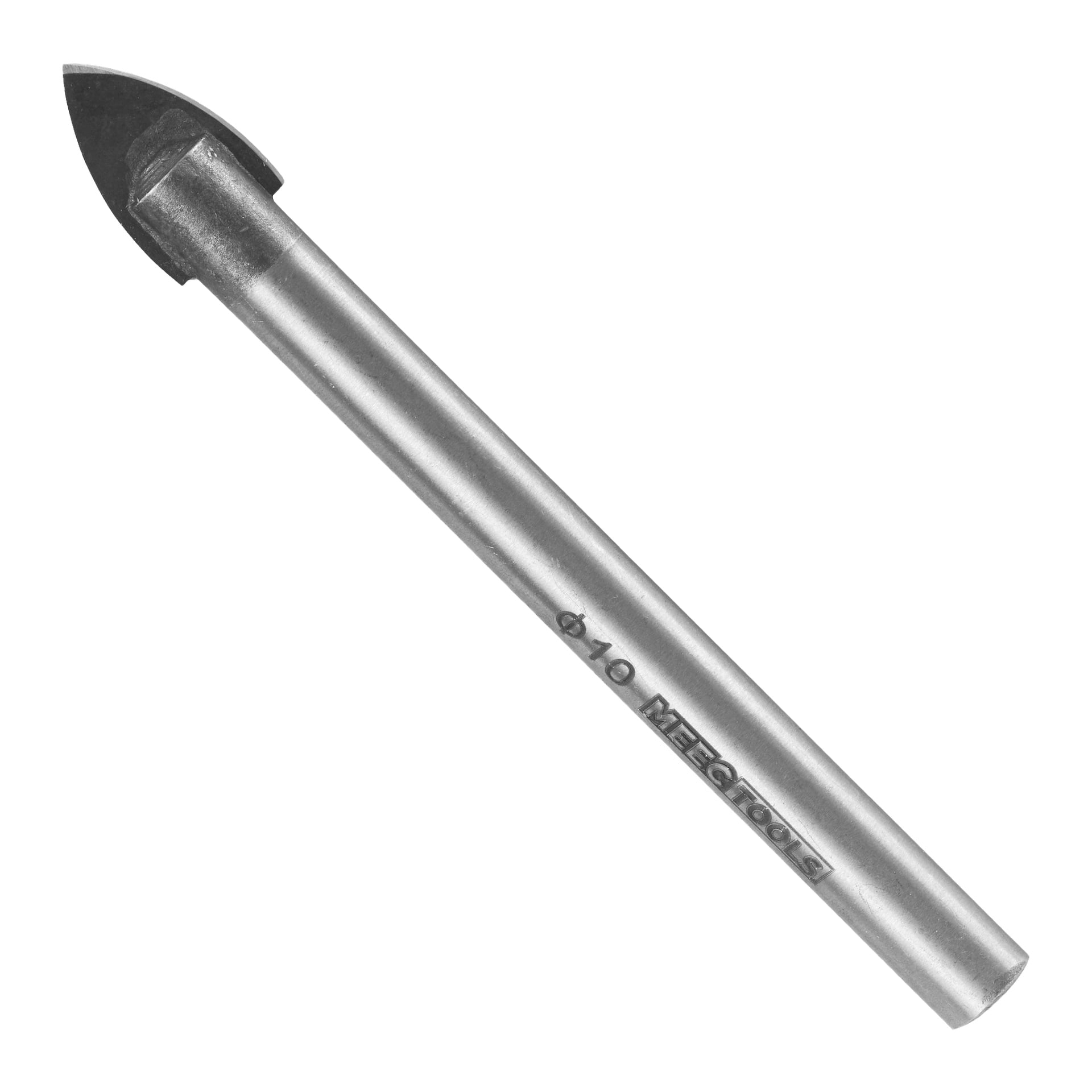 En närbild av en Meec Tools glas- och kakelborr visar dess polerade cylindriska skaft med graverade mått och en skarp, avsmalnande spets avsedd för precisionsborrning i hårda material som glas eller kakel.