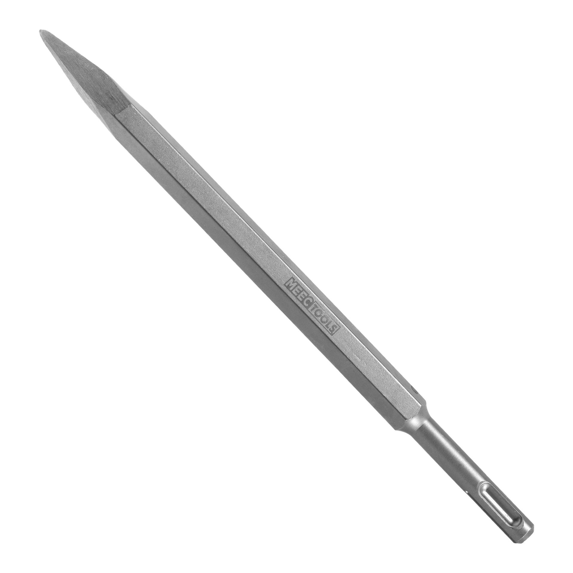 Meec Tools Spiss meisel, laget av metall med sekskantet skaft og skarp spiss spiss, egnet for bruk med roterende eller rivningshammere for å bryte gjennom betong- eller murflater.