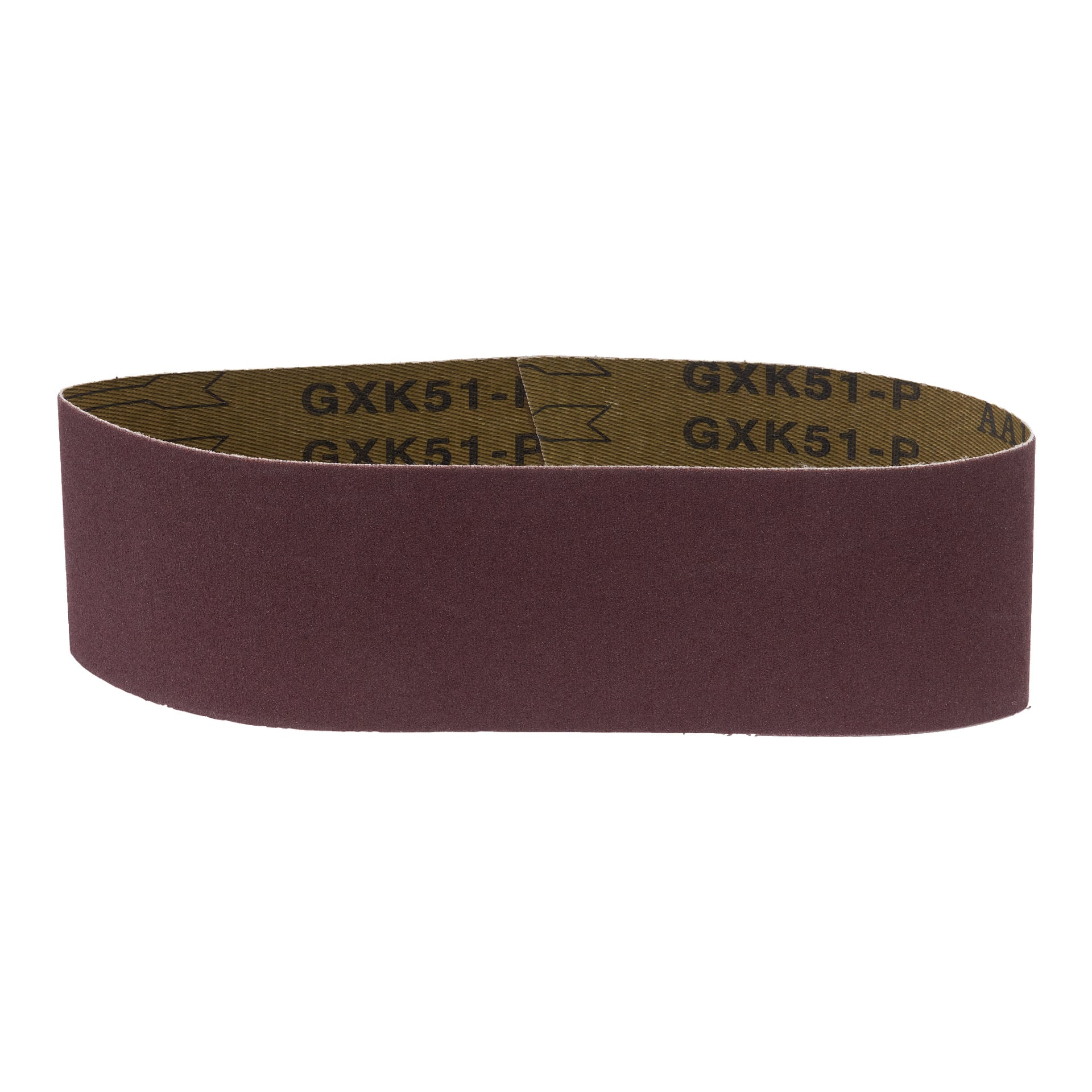 Ett paket med tre slipband från Meec Tools, alla bruna och ovala med en grov yttre yta för slipning och tryckta markeringar på insidan.