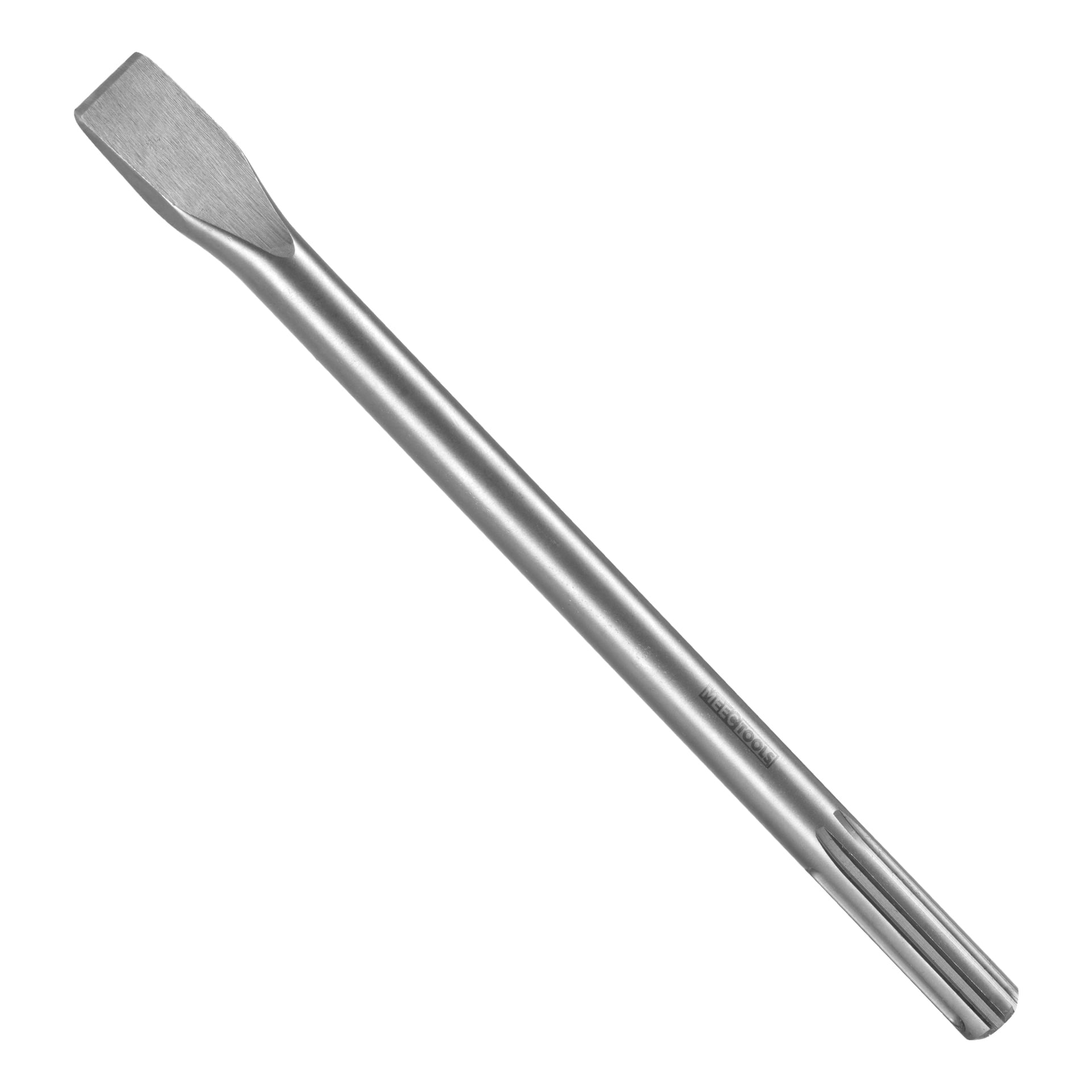 Dłuto płaskie Meec Tools z szerokim, płaskim ostrzem po jednej stronie i okrągłym trzonkiem z rowkami na przeciwnym końcu.