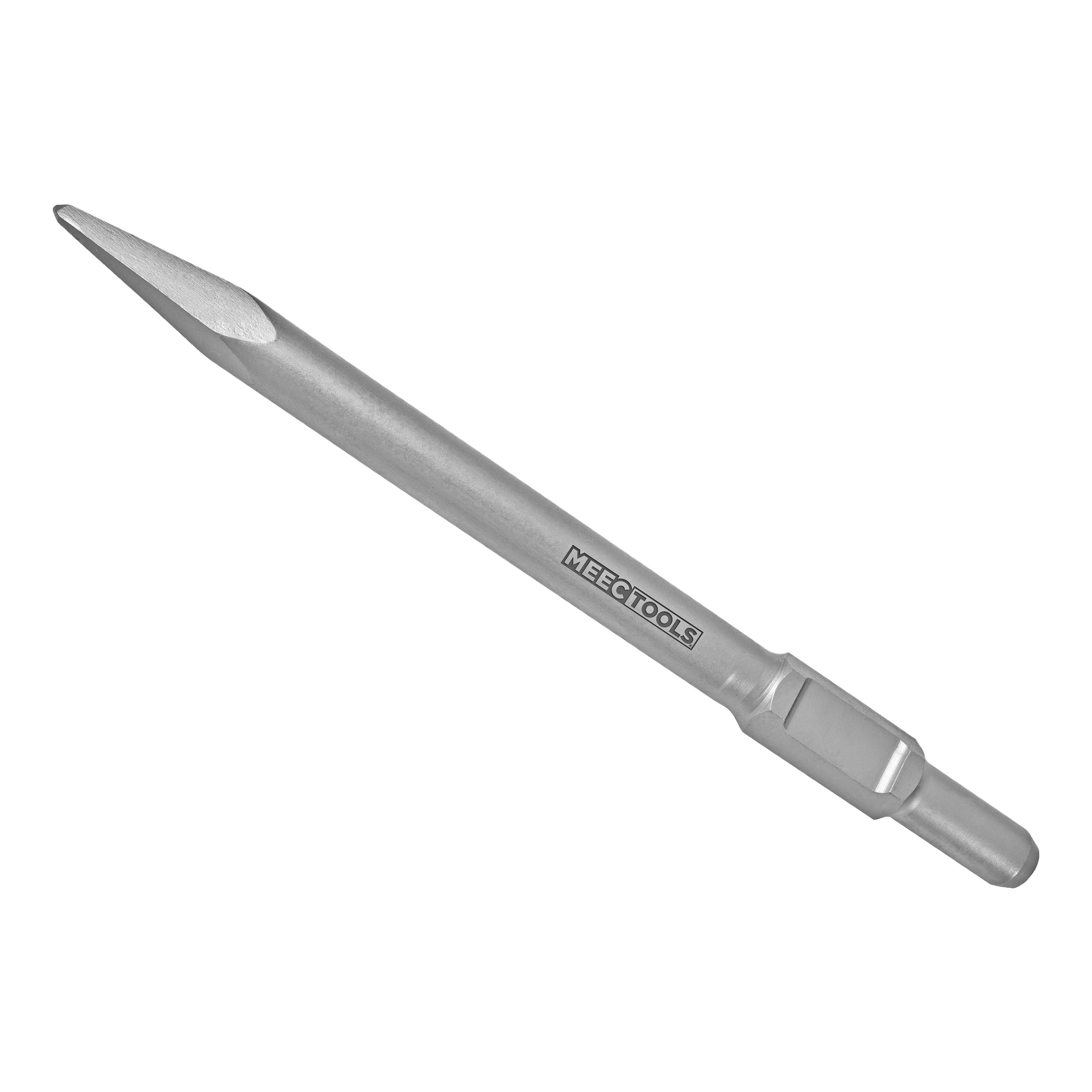 En spiss meisel fra Meec Tools med en skrå spiss, sylindrisk skaft og en logo på siden.
