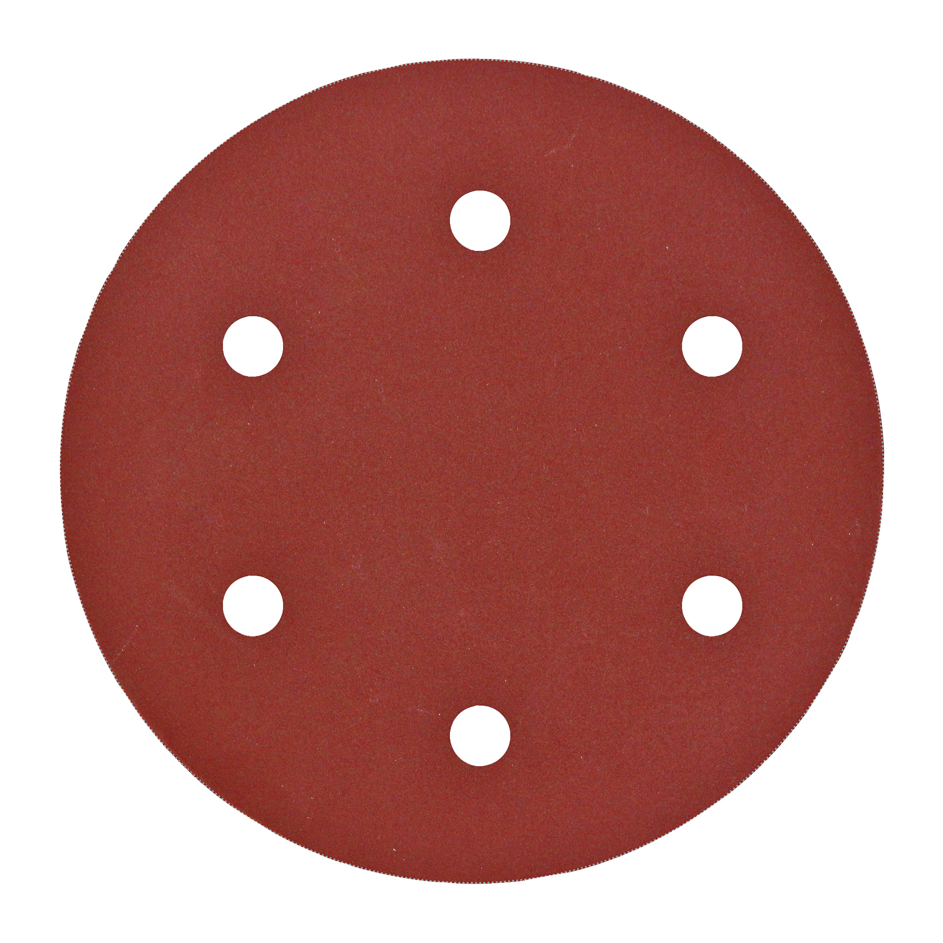 En cirkulär, röd slipskiva från Meec Tools från Sanding Discs 3 Pack med sex symmetriskt placerade hål nära mitten och en fint texturerad yta.